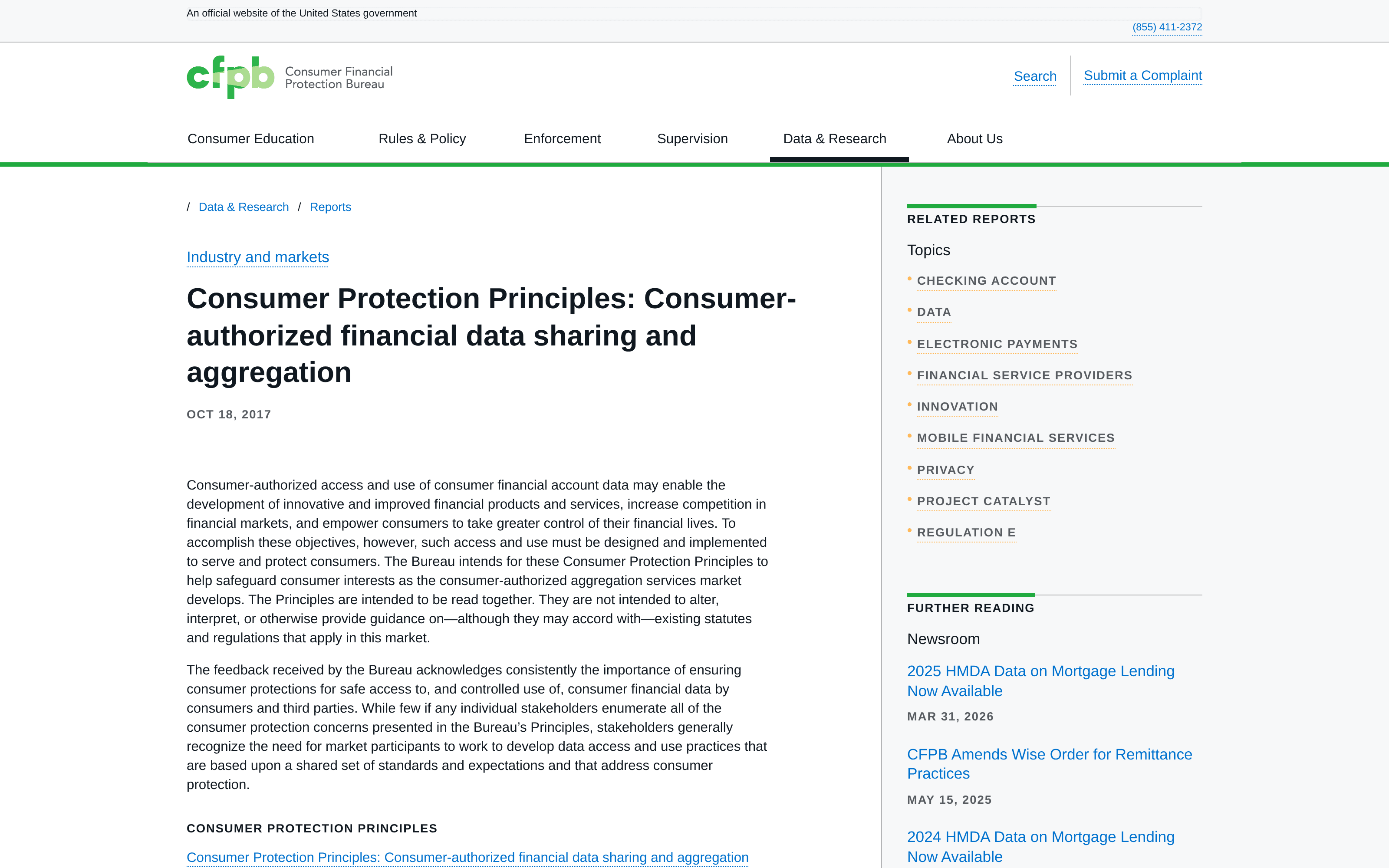 The CFPB's public consumer-authorized financial data-sharing principles page, captured on October 14, 2026.