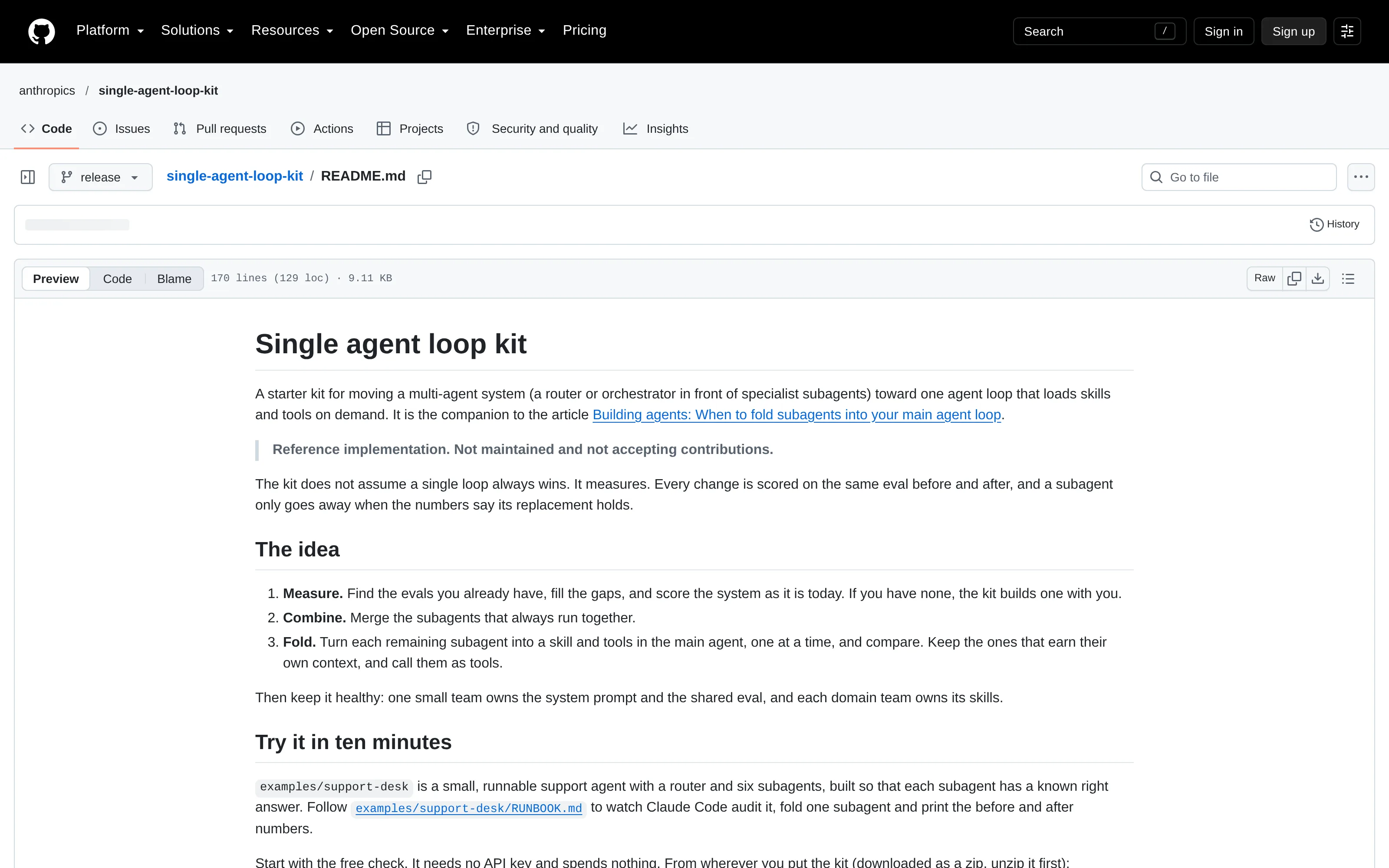Public GitHub repository page showing the single-agent-loop-kit README and Apache-2.0 license