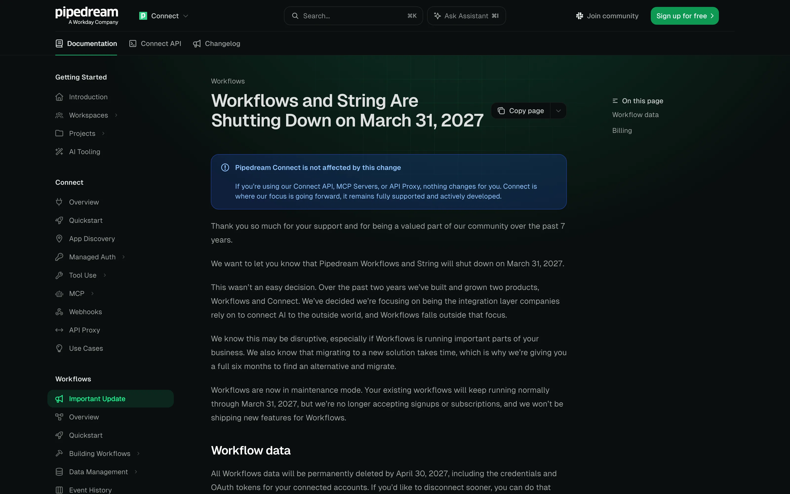 Pipedream's public Workflows shutdown notice showing the deadline and Connect exception