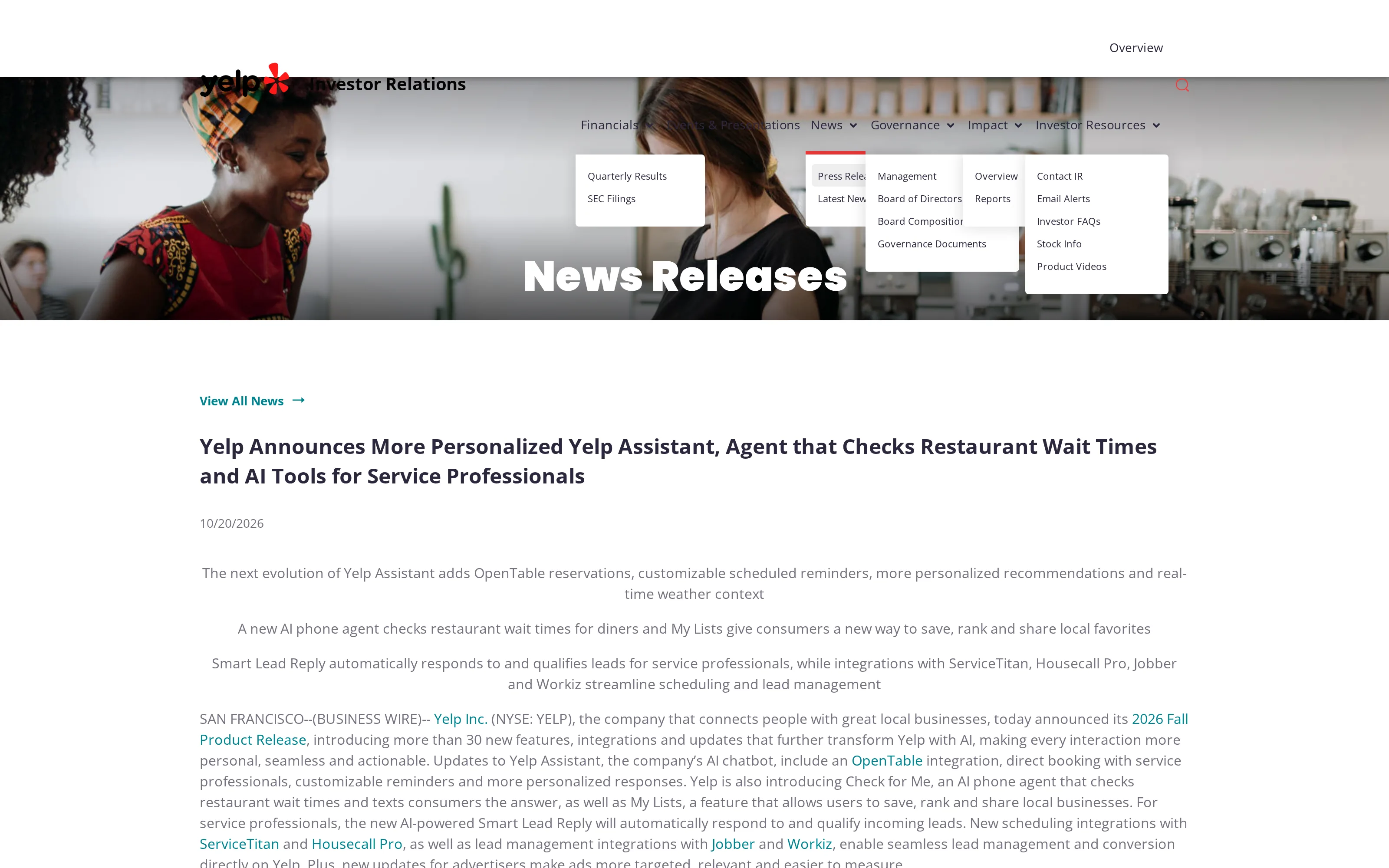 Yelp's October 20 investor-relations release announcing an AI agent that checks restaurant wait times