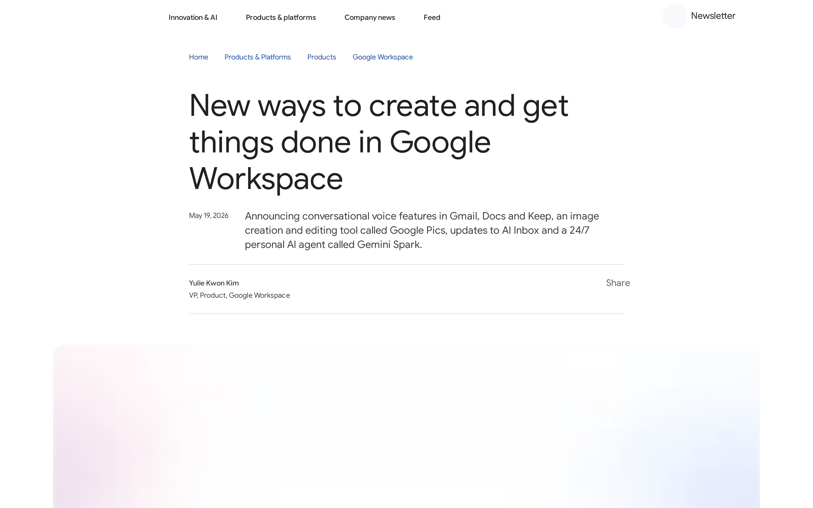 Google's May Workspace announcement names AI Inbox and Gemini Spark separately in its introductory text.