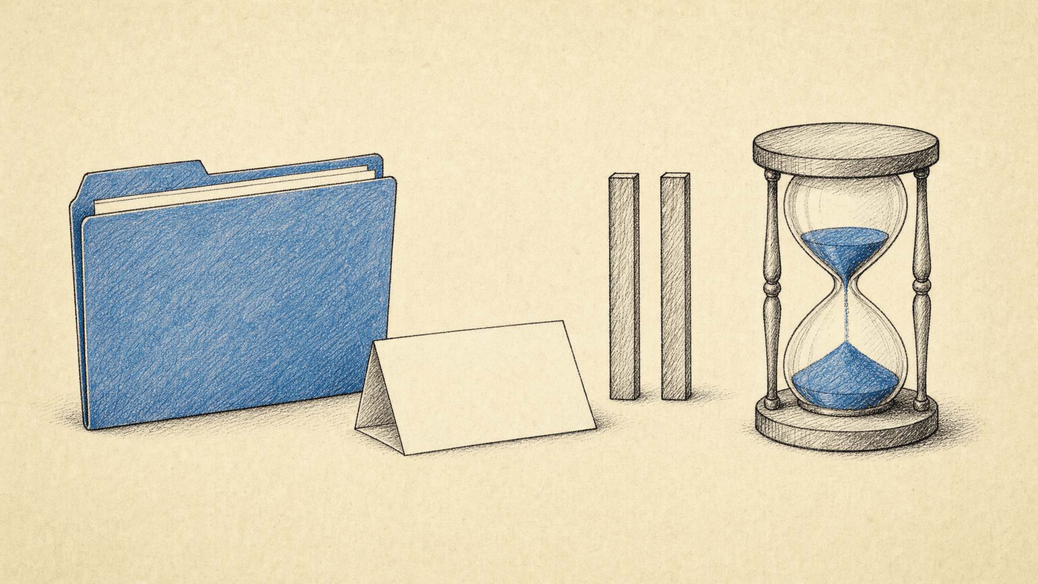 A folder of saved work beside a paused hourglass, depicting a task that can wait without losing state.