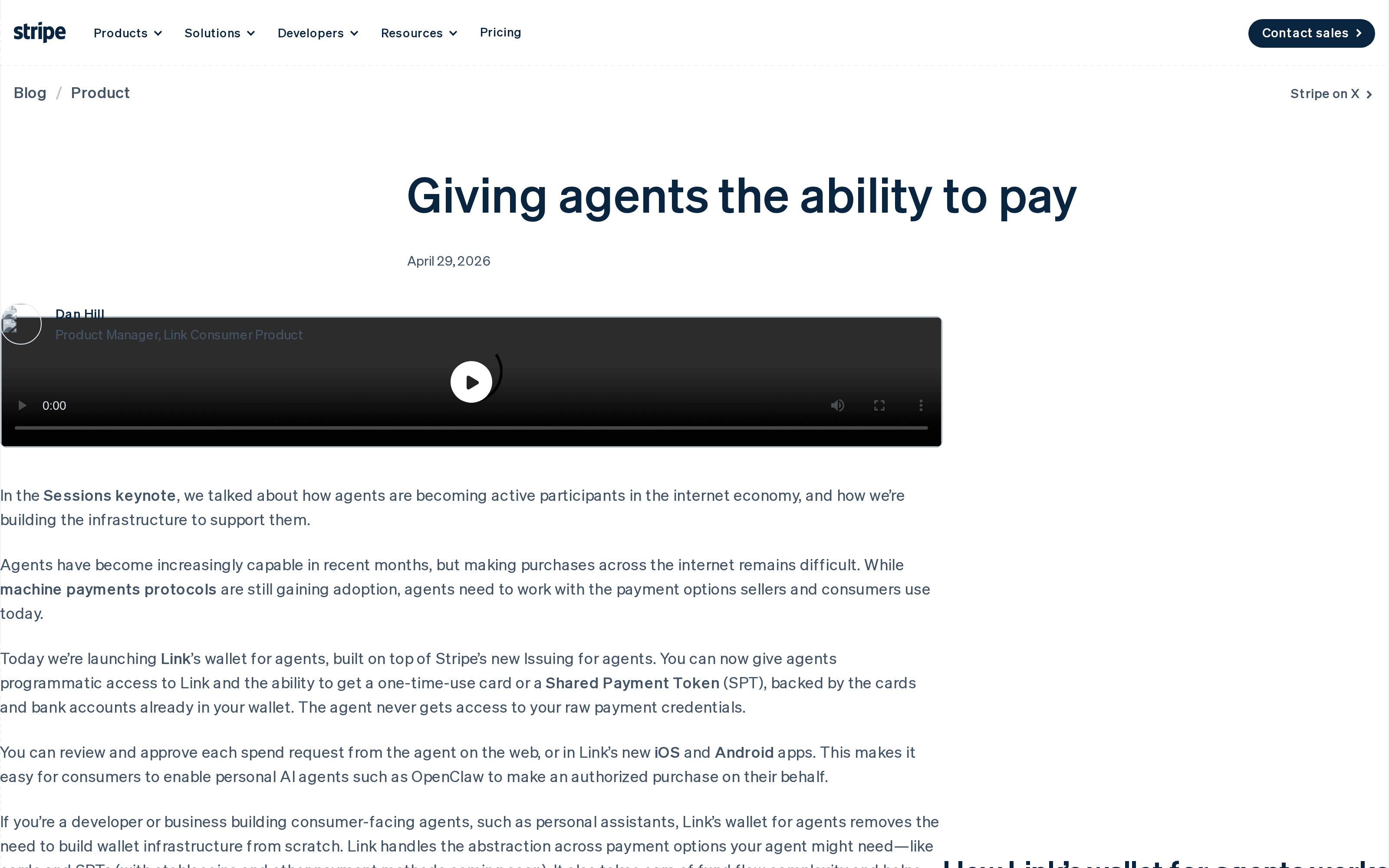 Stripe's public post introducing Link's wallet for agents and transaction-specific credentials.
