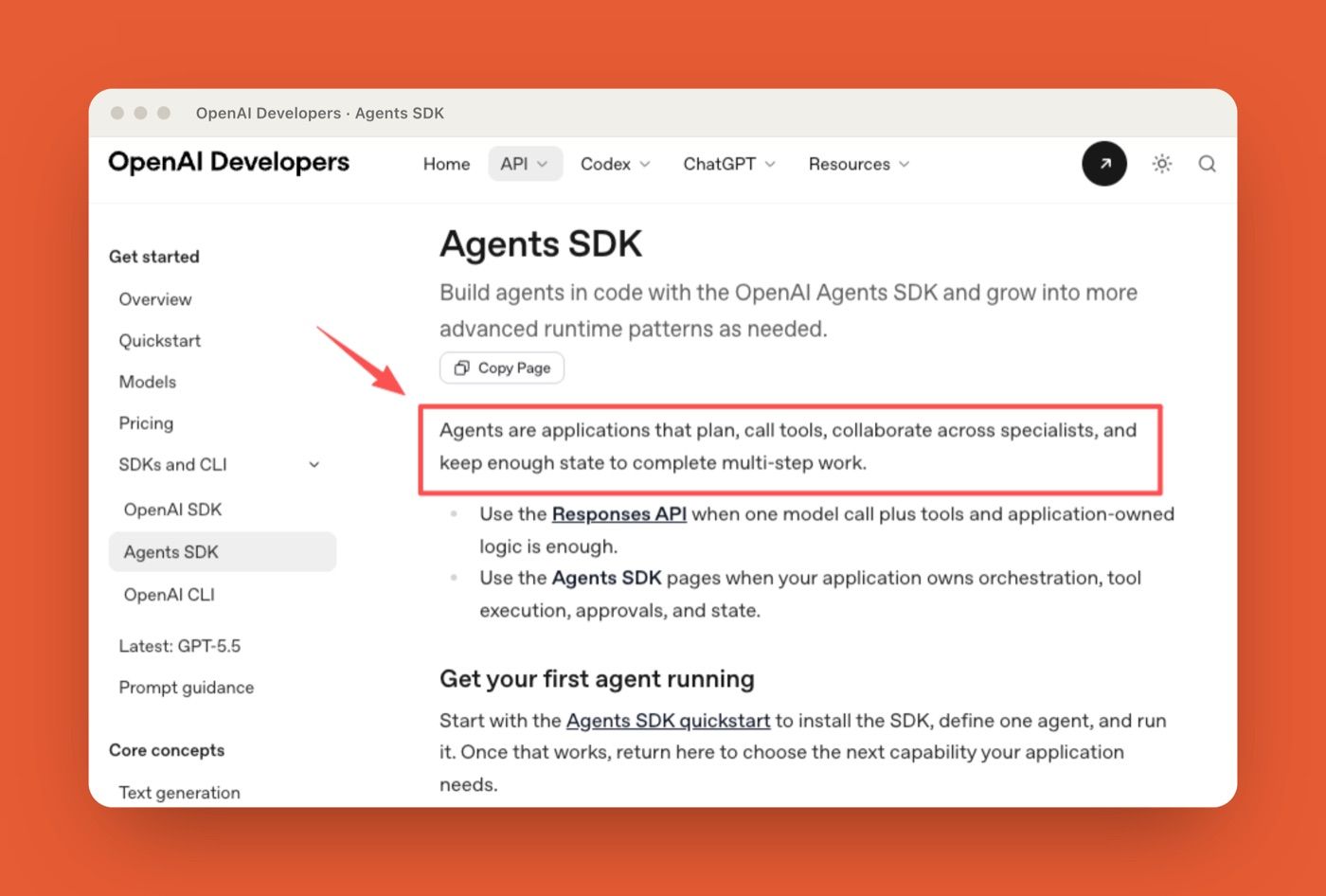 OpenAI Agents SDK documentation defining agents as applications that plan, call tools, collaborate across specialists, and keep state for multi-step work