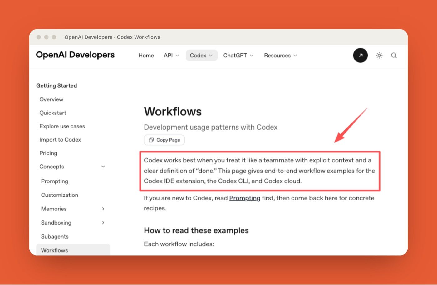 OpenAI Codex workflow documentation emphasizing explicit context, clear definitions of done, and verification steps before results are accepted