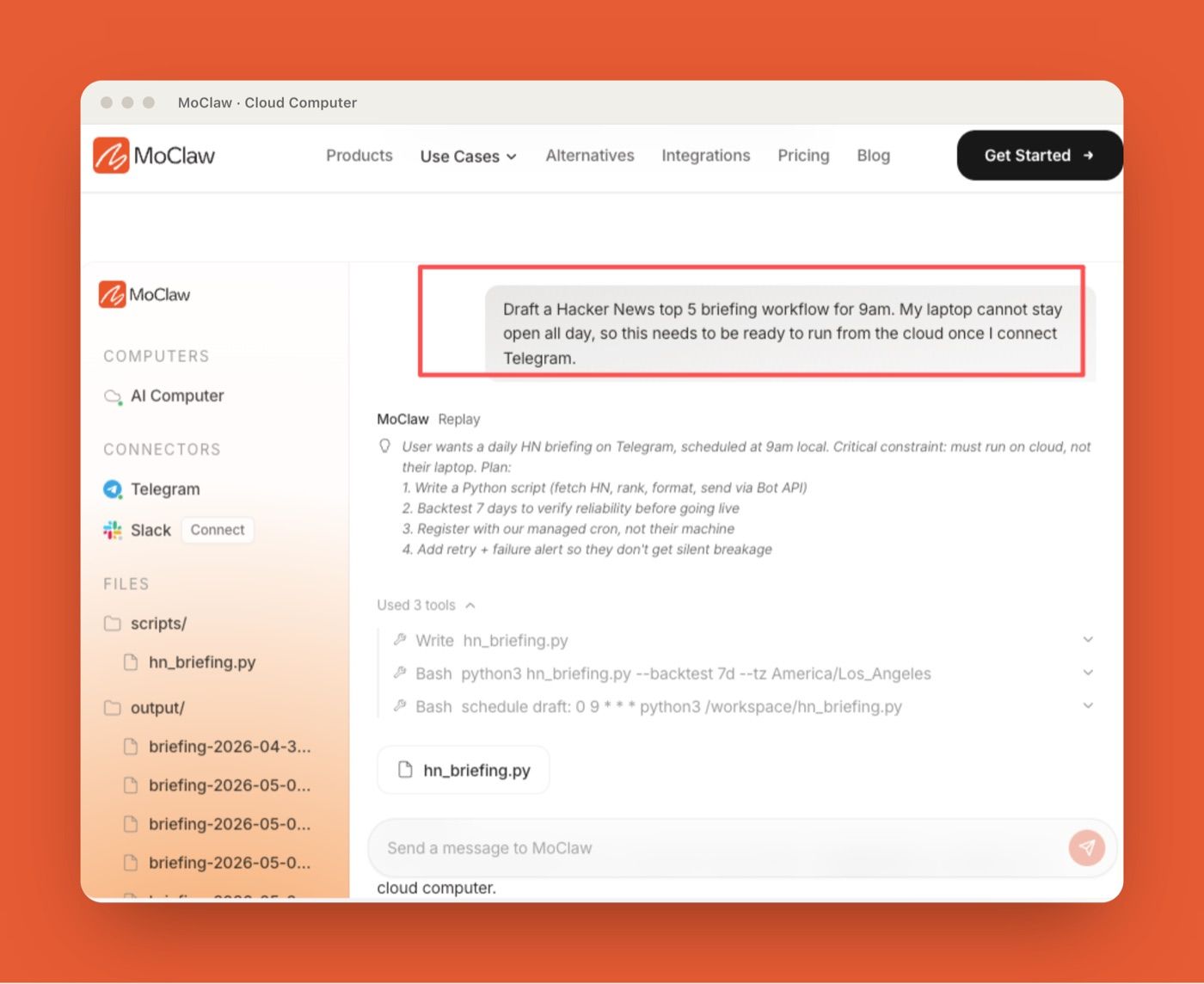 Zentor (formerly MoClaw) generating a scheduled Hacker News briefing workflow from a plain-English prompt, showing the three tools it will use and a cron schedule