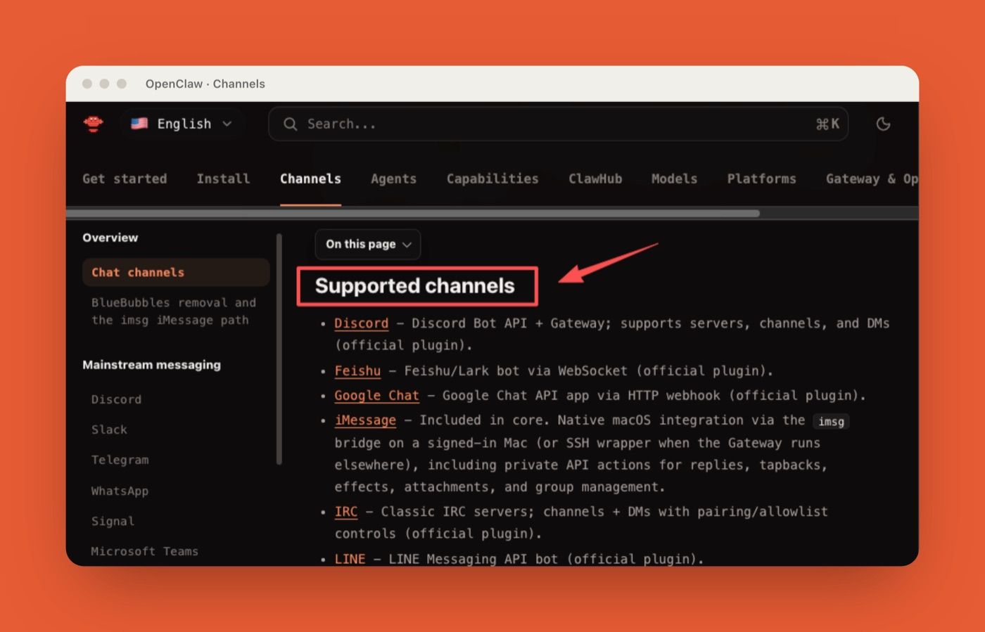 OpenClaw Channels page listing supported chat channels including Slack for self-managed agents