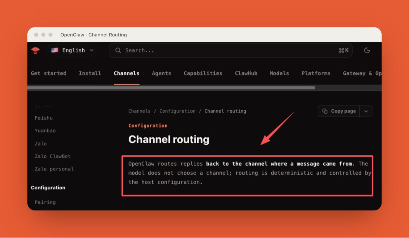 OpenClaw channel routing documentation showing deterministic host-controlled message routing