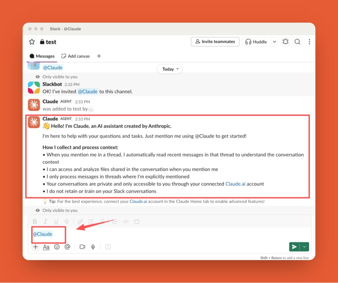 Claude Tag added to a Slack channel explaining how it reads mentioned thread context