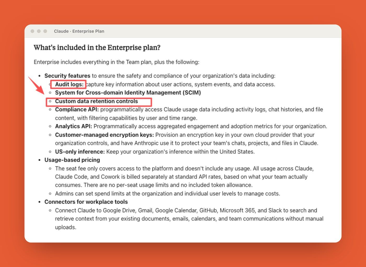 Anthropic Enterprise plan security features including audit logs, SCIM, and data retention controls