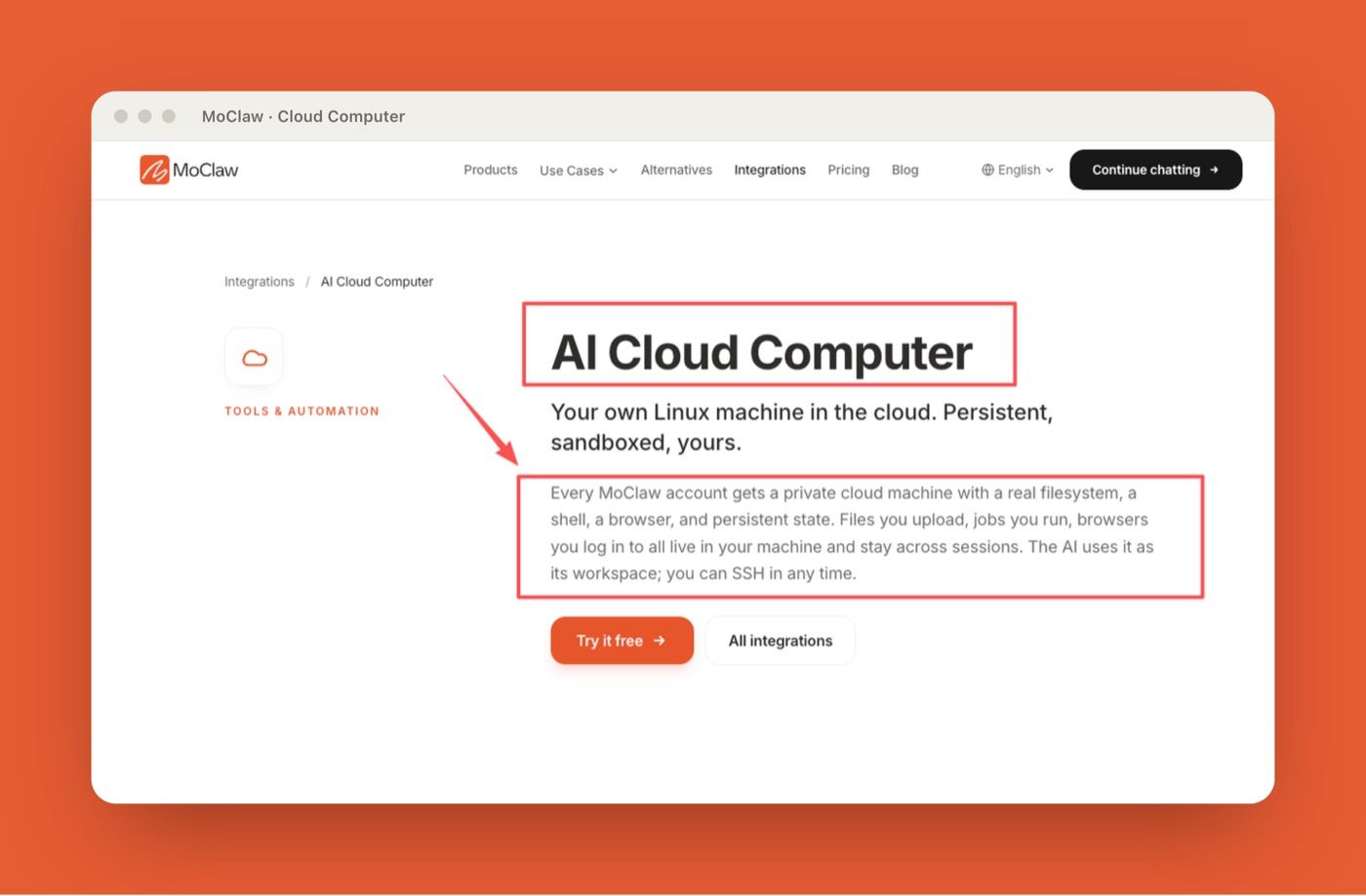 Zentor (formerly MoClaw) AI Cloud Computer integration page describing a private, persistent cloud Linux machine