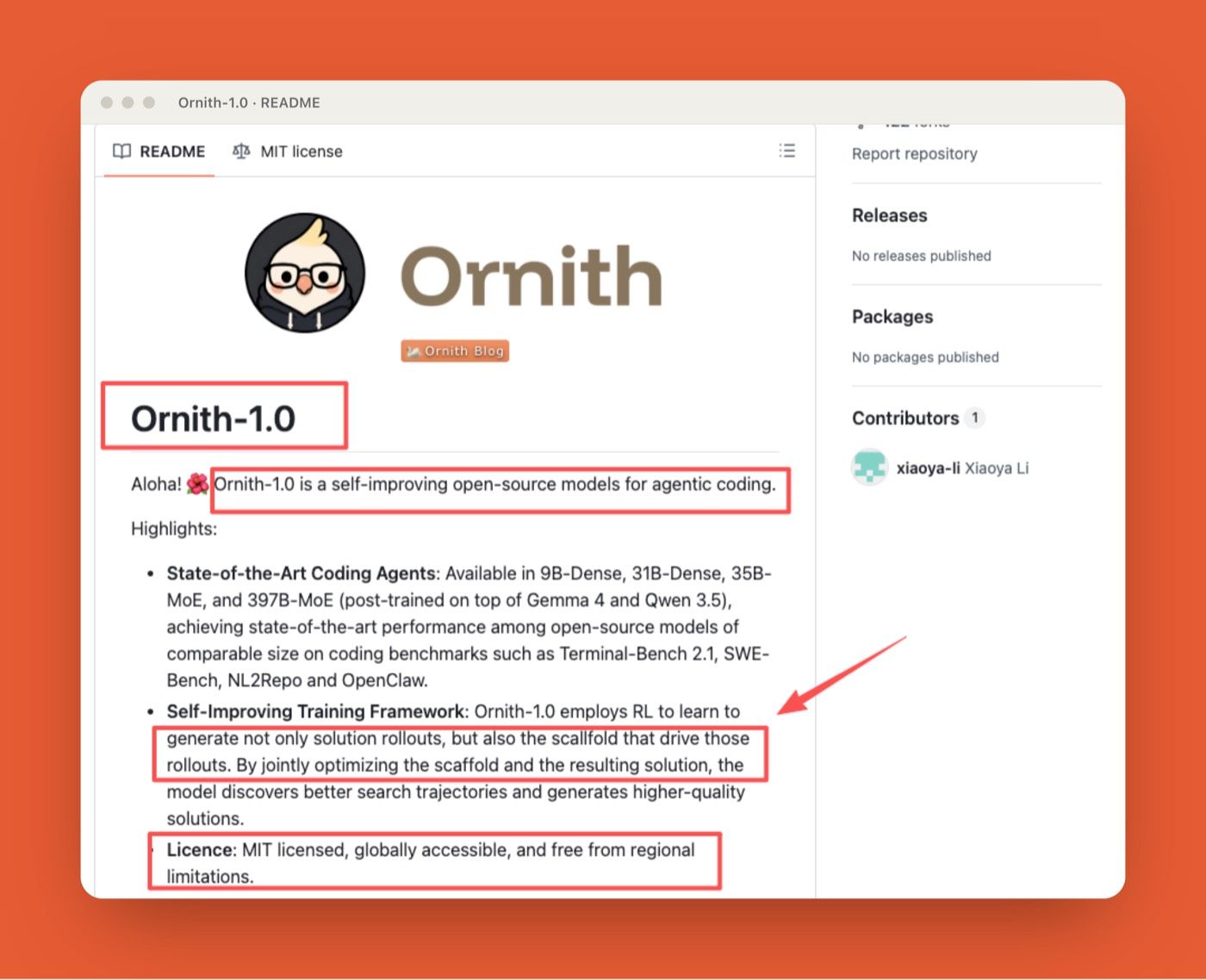 Ornith-1.0 README describing an open-source self-improving agentic coding model under MIT license