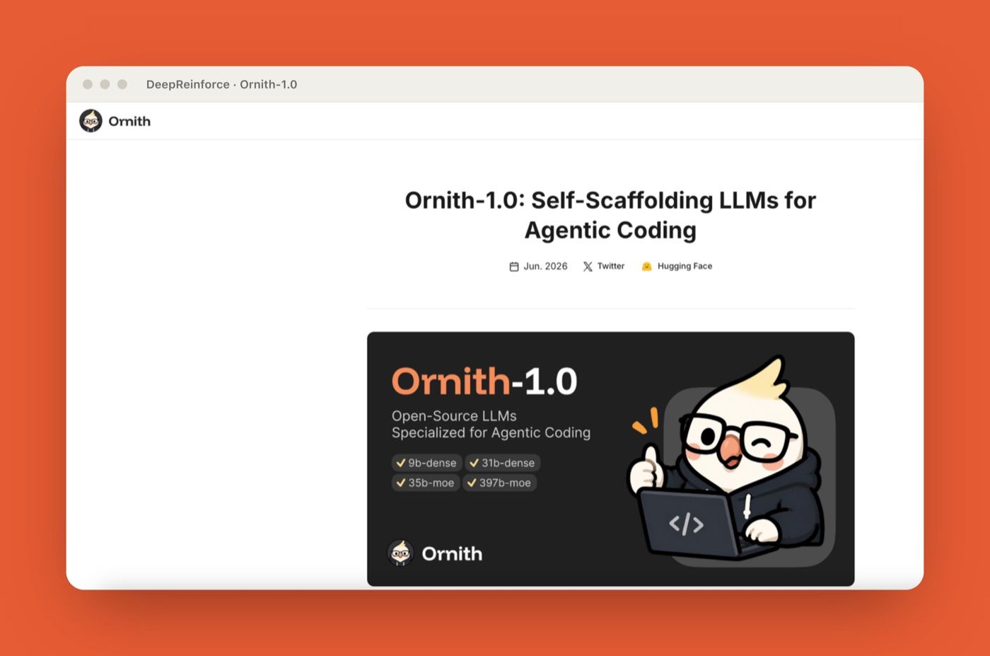 DeepReinforce Ornith-1.0 release page introducing Self-Scaffolding LLMs for agentic coding