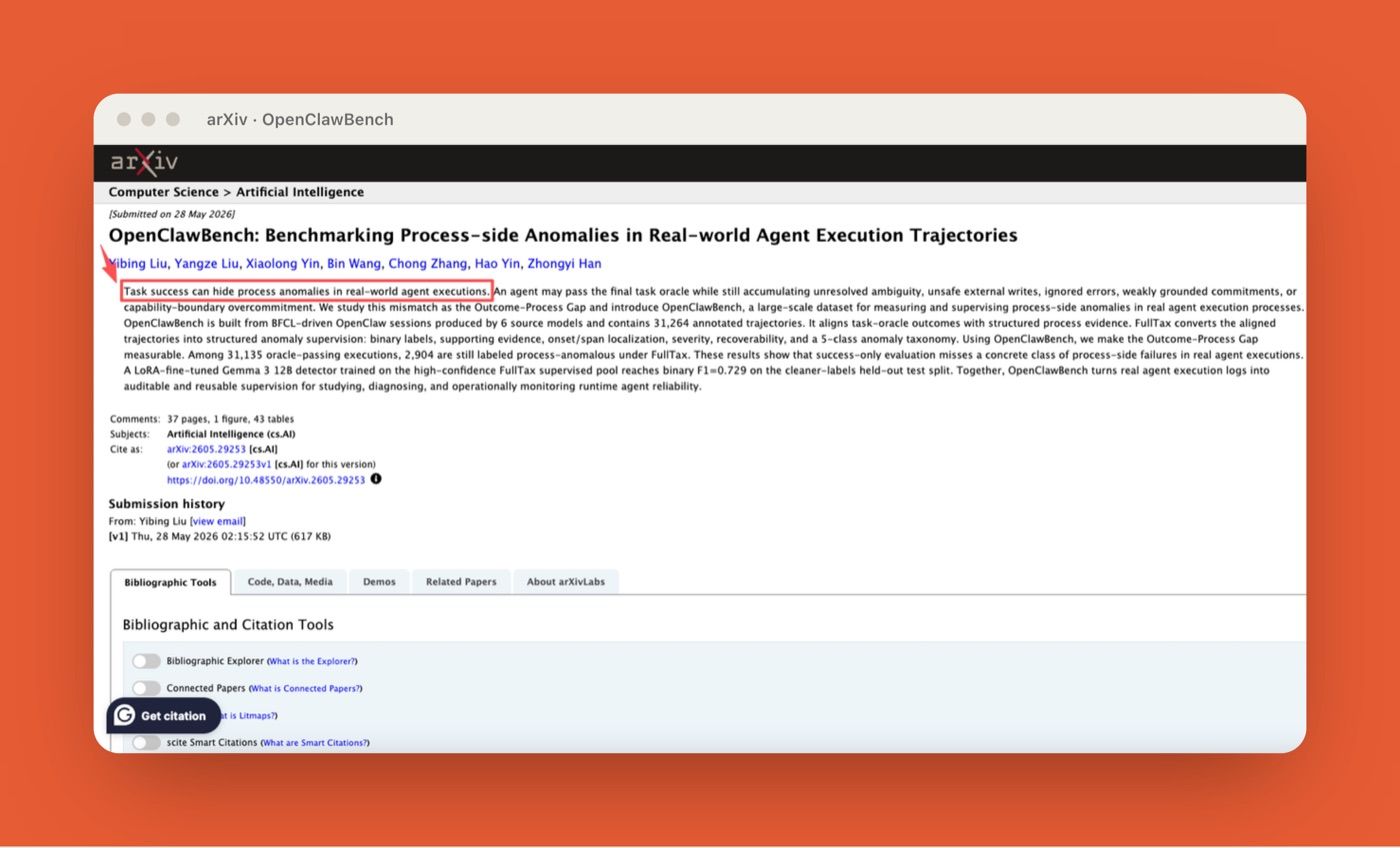 arXiv OpenClawBench page on benchmarking process-side anomalies in agent execution trajectories