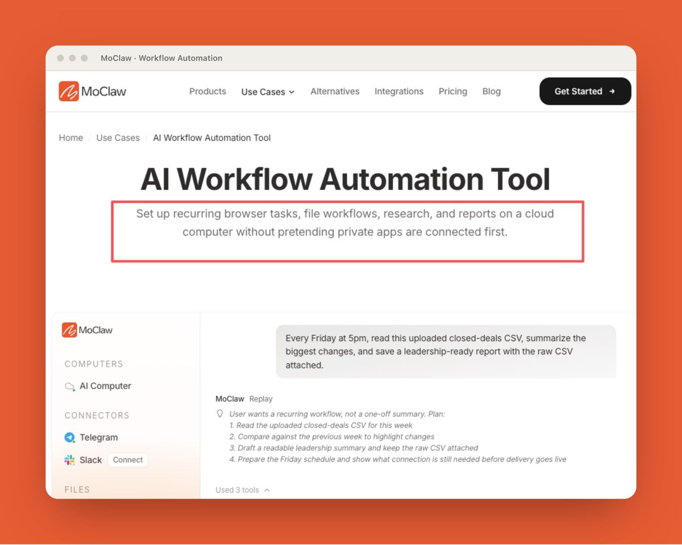 Zentor (formerly MoClaw) AI Workflow Automation Tool use-case page for recurring cloud browser and file tasks
