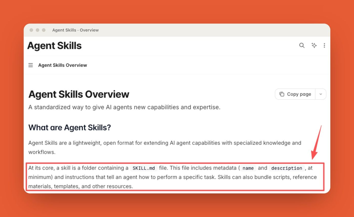 Agent Skills overview describing a reusable skill as a folder with a SKILL.md file and resources