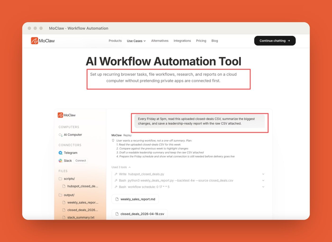 Zentor (formerly MoClaw) AI Workflow Automation Tool use-case page for recurring cloud browser and file tasks