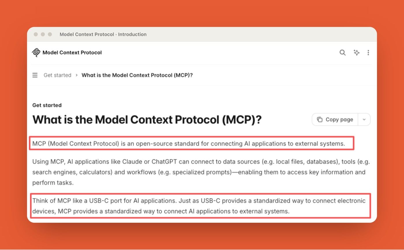 Model Context Protocol introduction describing MCP as an open standard that connects AI applications to external data sources, tools, and workflows
