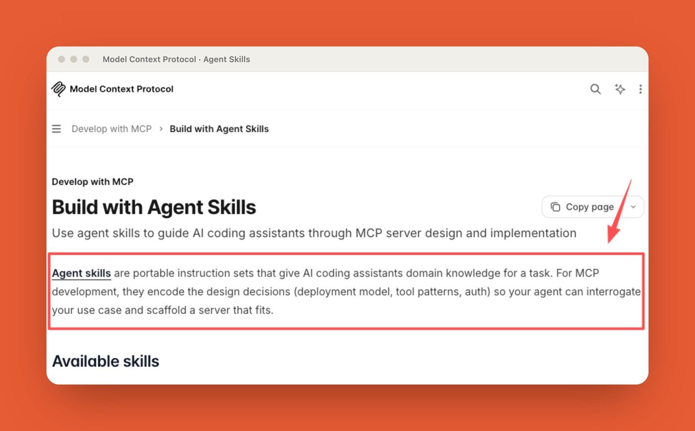 Model Context Protocol documentation defining Agent Skills as portable instruction sets that give an AI assistant domain knowledge for a specific task