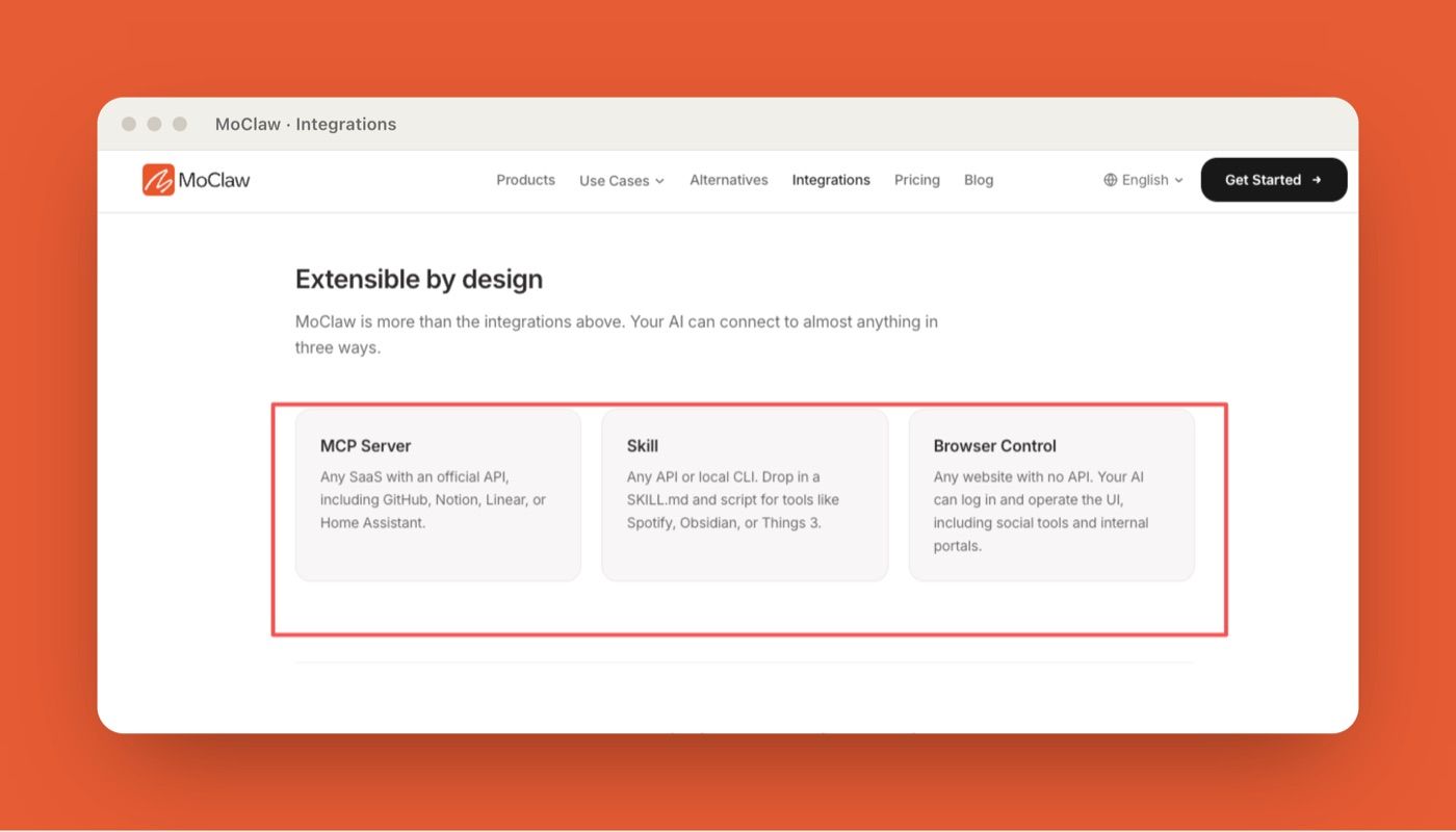 Zentor (formerly MoClaw) integrations page framing MCP servers, Skills, and browser control as three separate ways an AI workspace can reach tools and systems