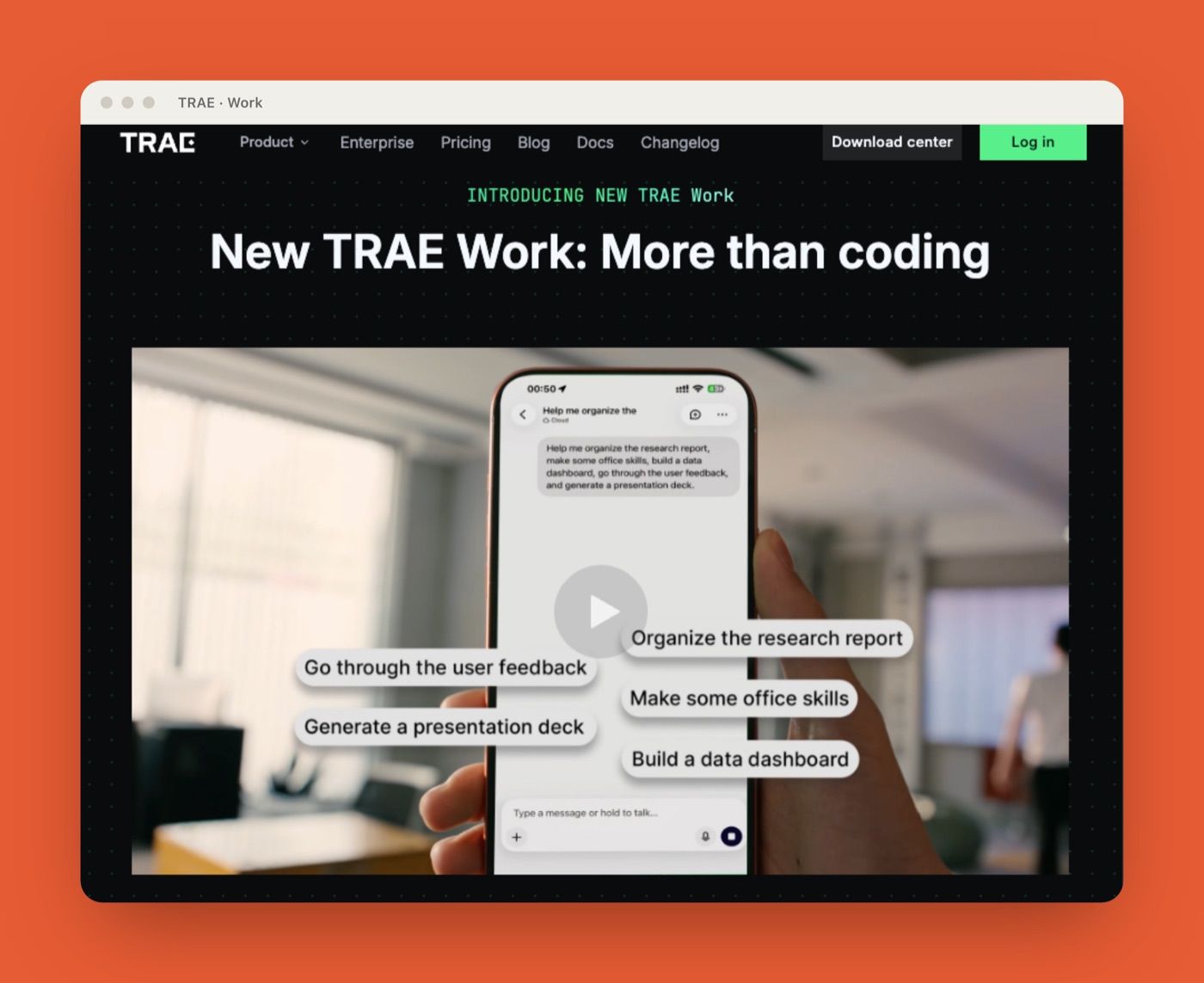 TRAE Work agentic AI workspace product page framed on the Zentor (formerly MoClaw) brand canvas