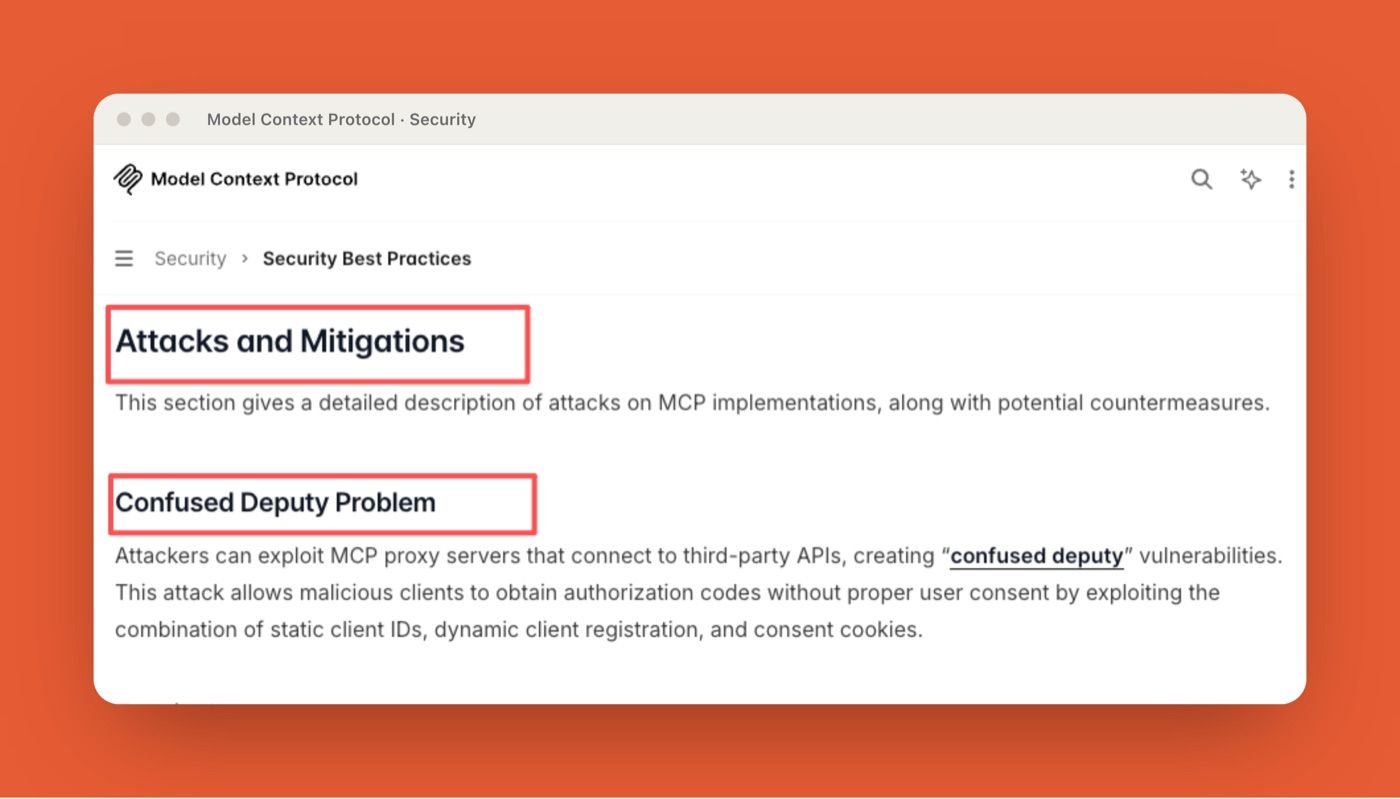 Model Context Protocol Security Best Practices page listing attacks and mitigations for AI workspaces