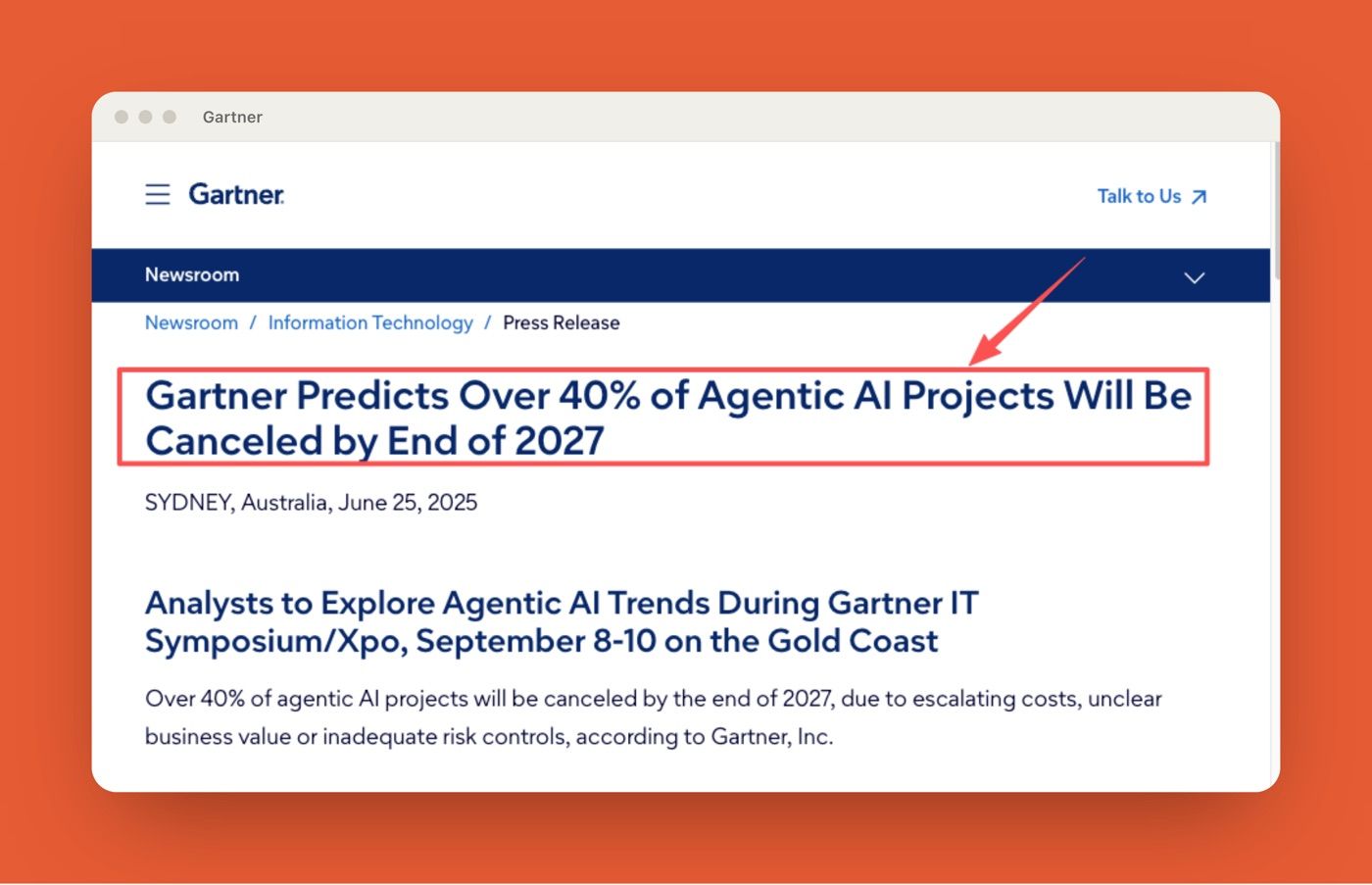 Gartner press release predicting over 40% of agentic AI projects canceled by 2027