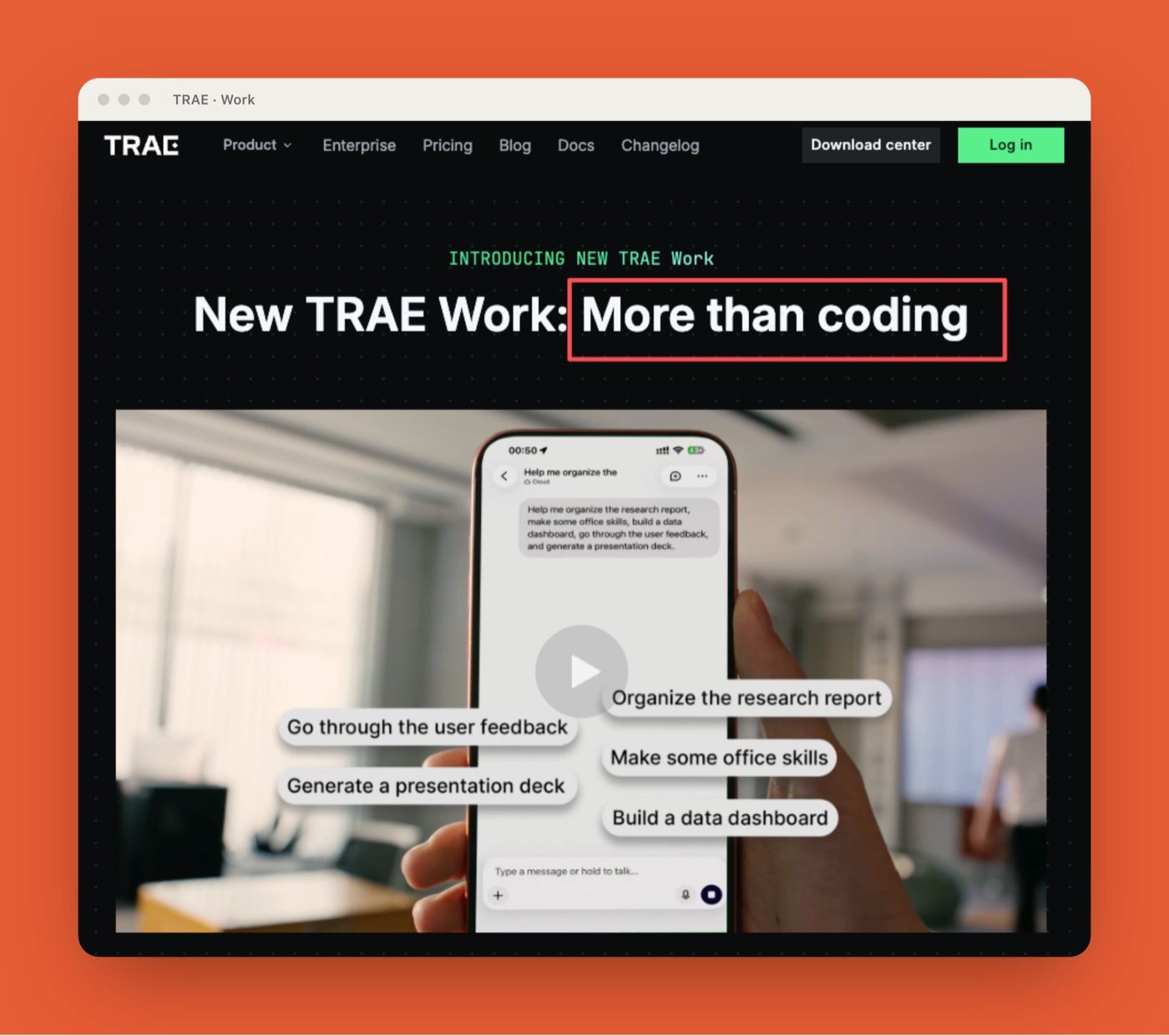 TRAE Work product page positioned as More than coding, showing an assistant that breaks down tasks, generates a presentation deck, and organizes a research report