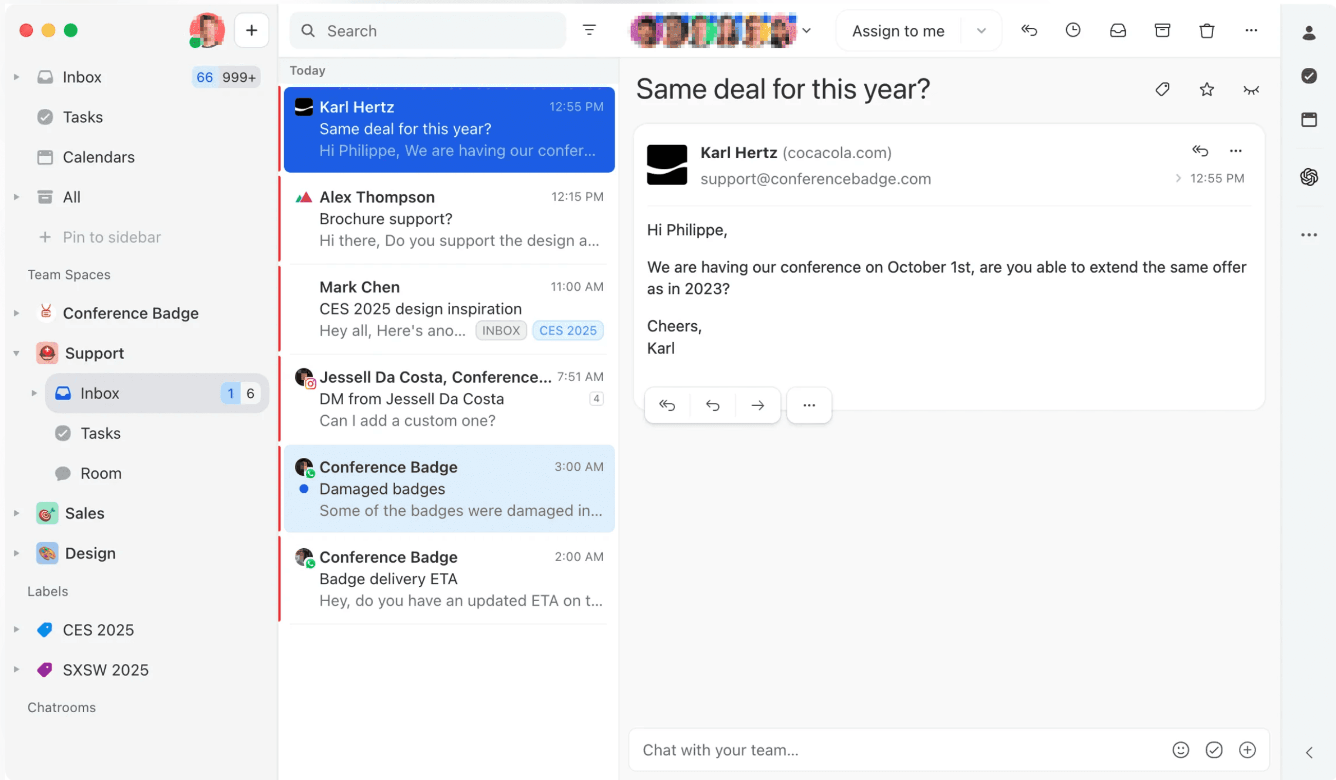 Missive's shared conversation interface shows the assignee and team inbox; it does not verify who clicked Send.