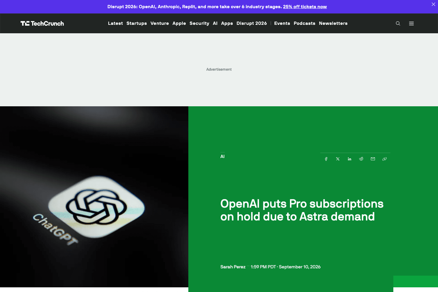 TechCrunch's report on the Pro pause, filed by Sarah Perez at 1:59 PM PDT on 10 September 2026, hours after the plan picker started refusing new purchases