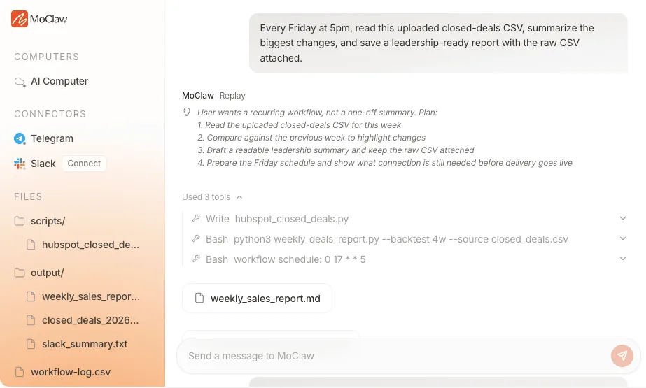 A Zentor (formerly MoClaw) scheduled workflow producing files, reports, and delivery artifacts over time, where a skill update can change many runs at once.