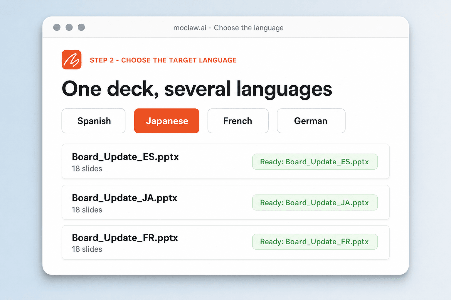 Language options with Japanese selected and three translated decks listed as separate files