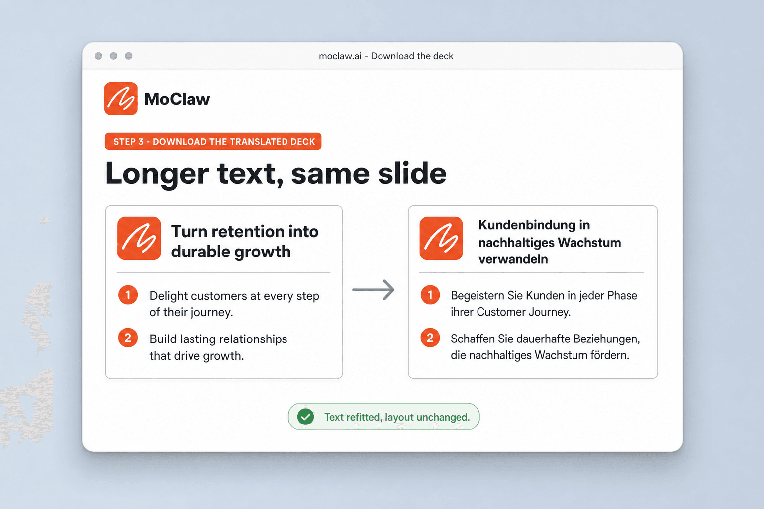 An English slide beside its German version, the longer text still fitting the same layout