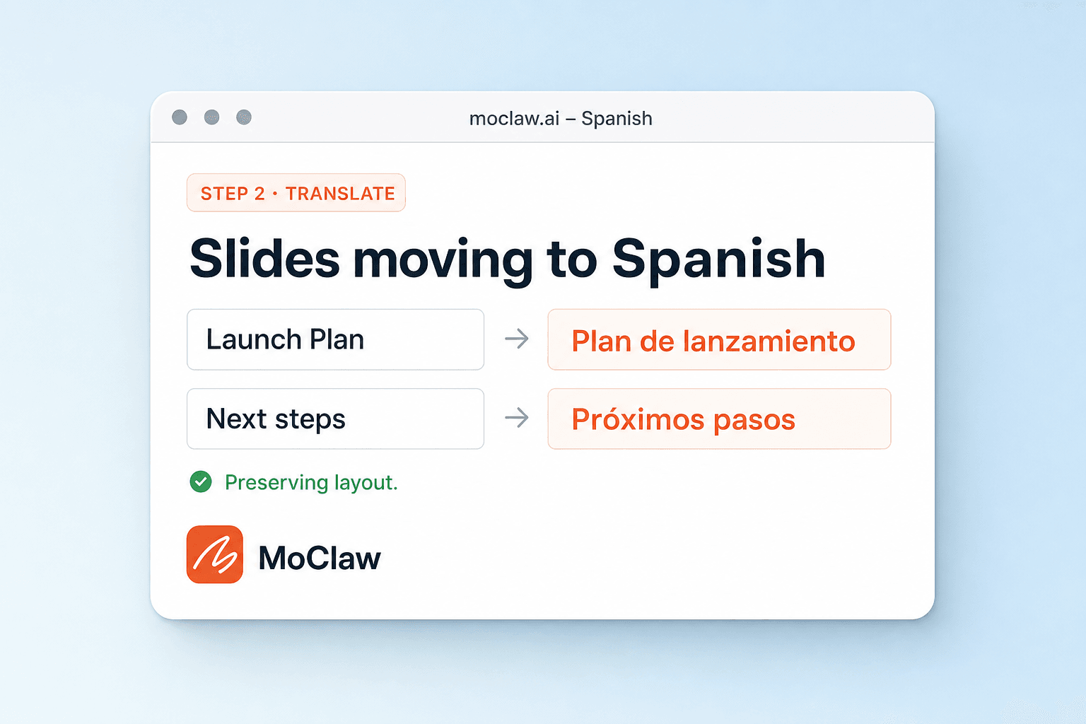 Step 2: Zentor (formerly MoClaw) translating slides into Spanish