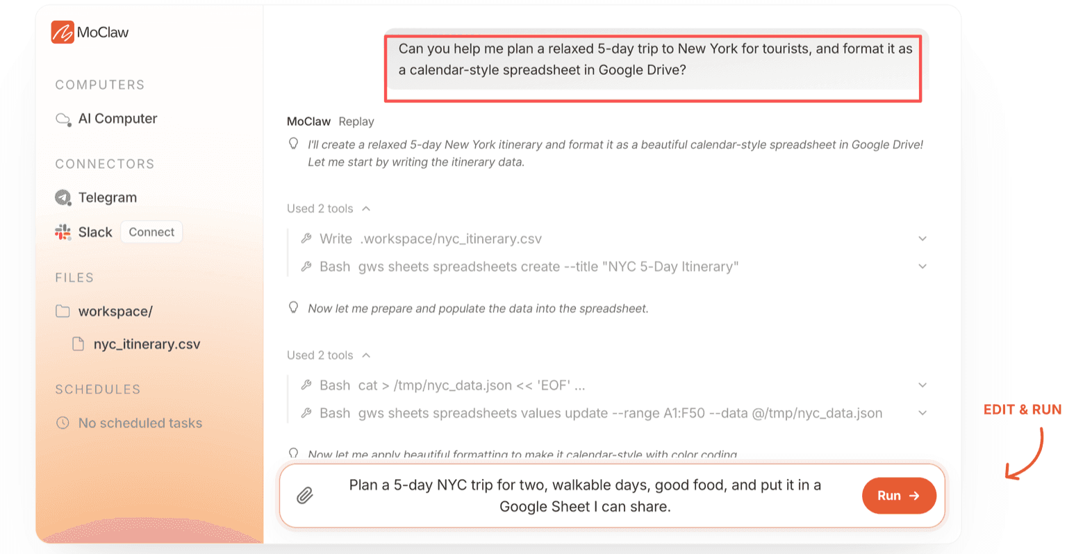 Zentor (formerly MoClaw) building a five-day New York itinerary into a shareable Google Sheet from a plain-English request