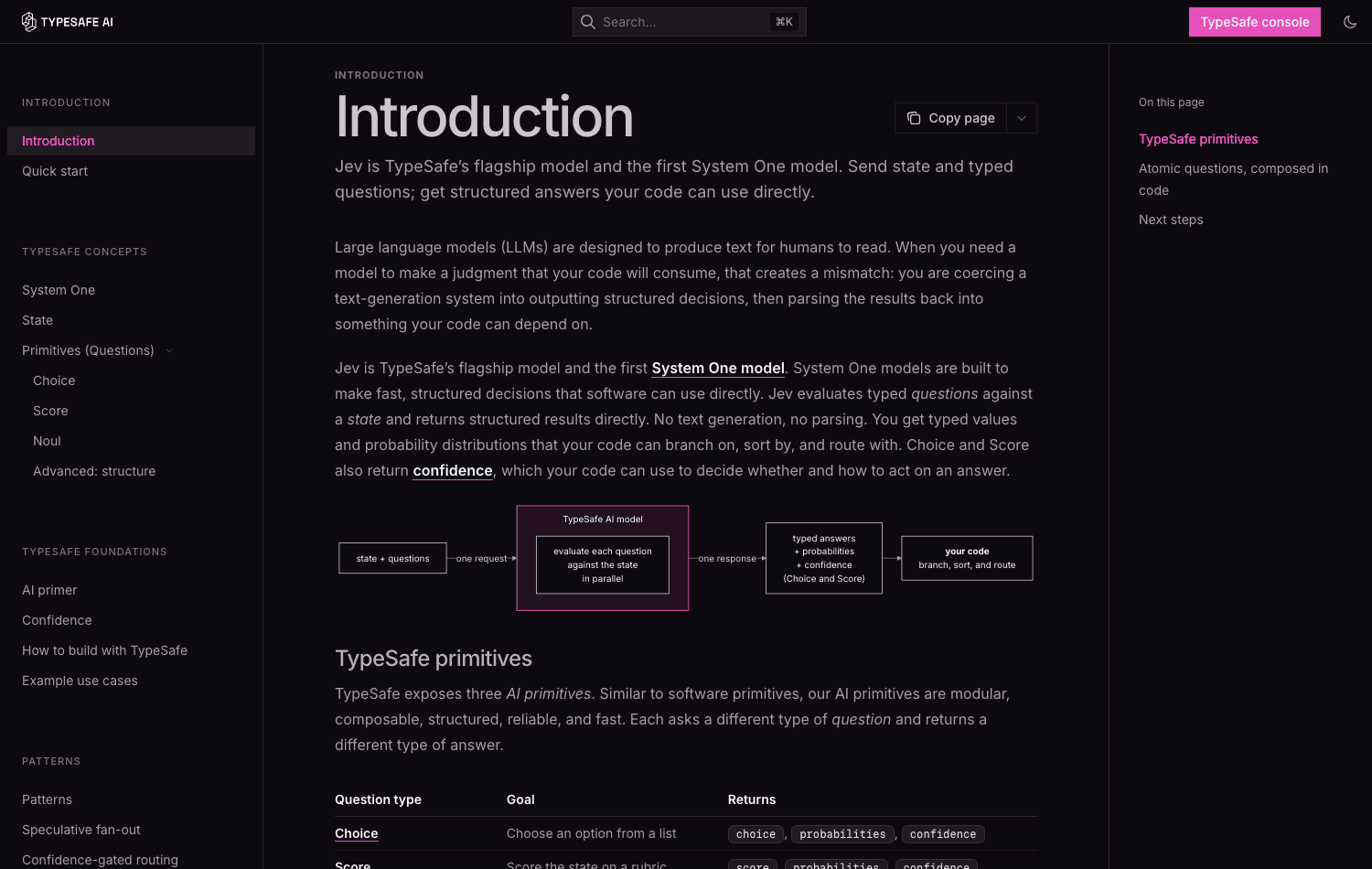 TypeSafe's own documentation describing Jev: state and typed questions go in, typed answers with probabilities and a confidence score come back, with no text generation and no parsing step in between.