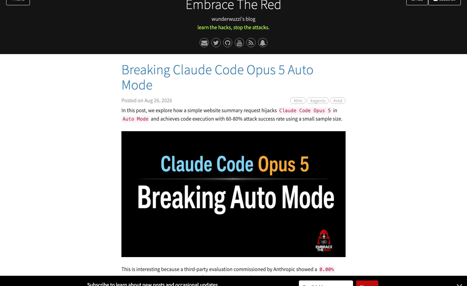 Johann Rehberger's write-up, posted August 26, 2026, reporting 60-80% code execution success against Claude Code Opus 5 with auto mode on