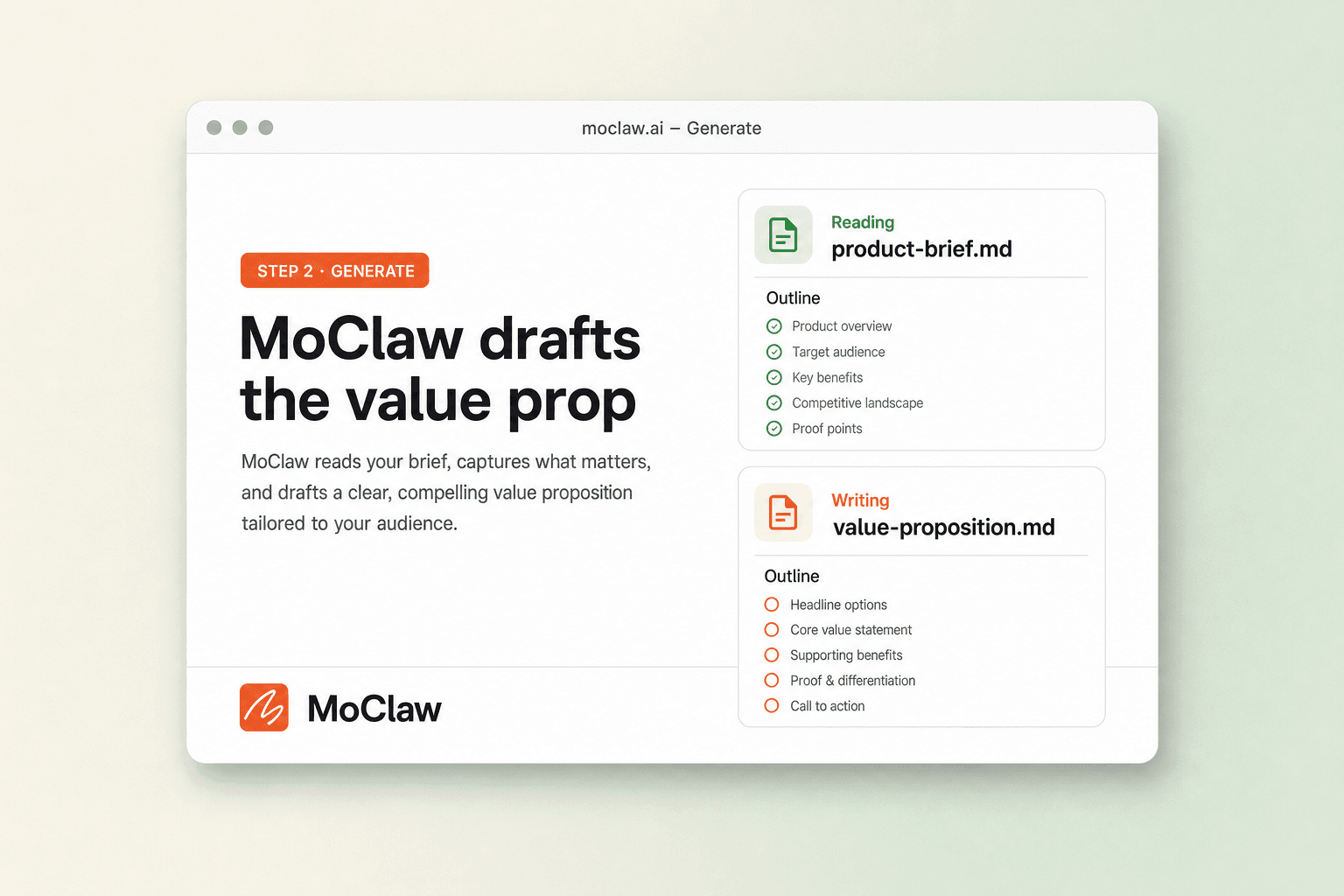 Step 2: Zentor (formerly MoClaw) drafting the value proposition