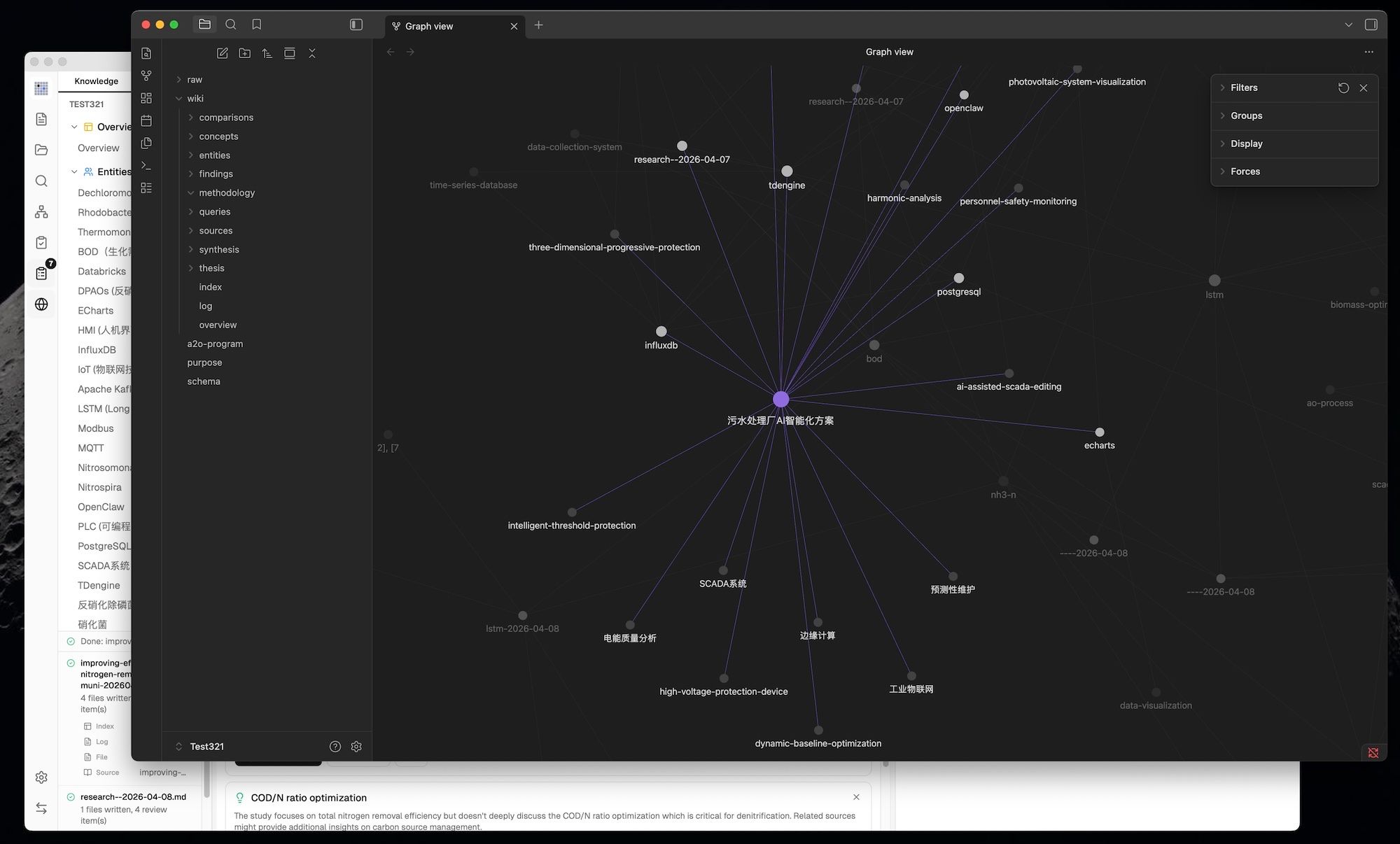 nashsu/llm_wiki's output opened as an Obsidian vault: raw/ and wiki/ side by side, with the generated concepts, entities, findings, methodology, synthesis and thesis folders, plus index, log, purpose and schema.
