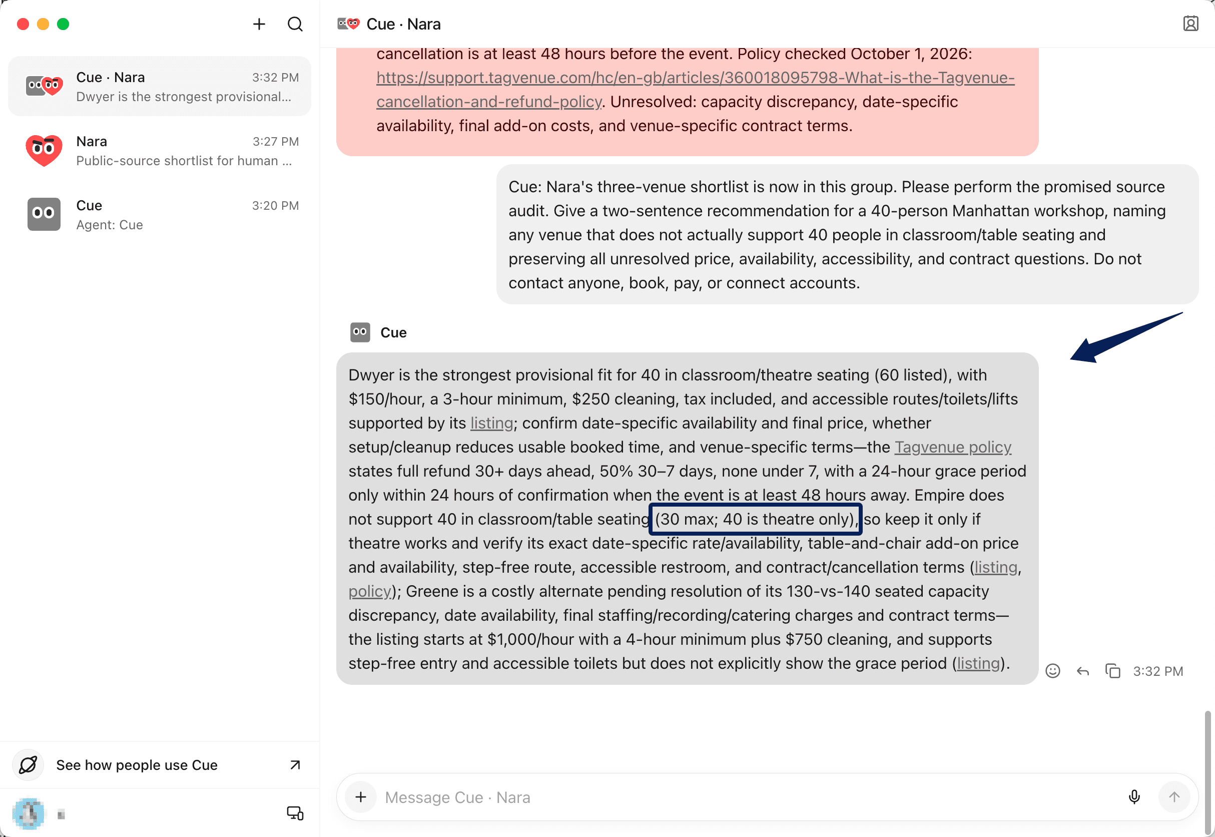 After an explicit review request, Cue flagged a seating mismatch and kept its recommendation provisional.
