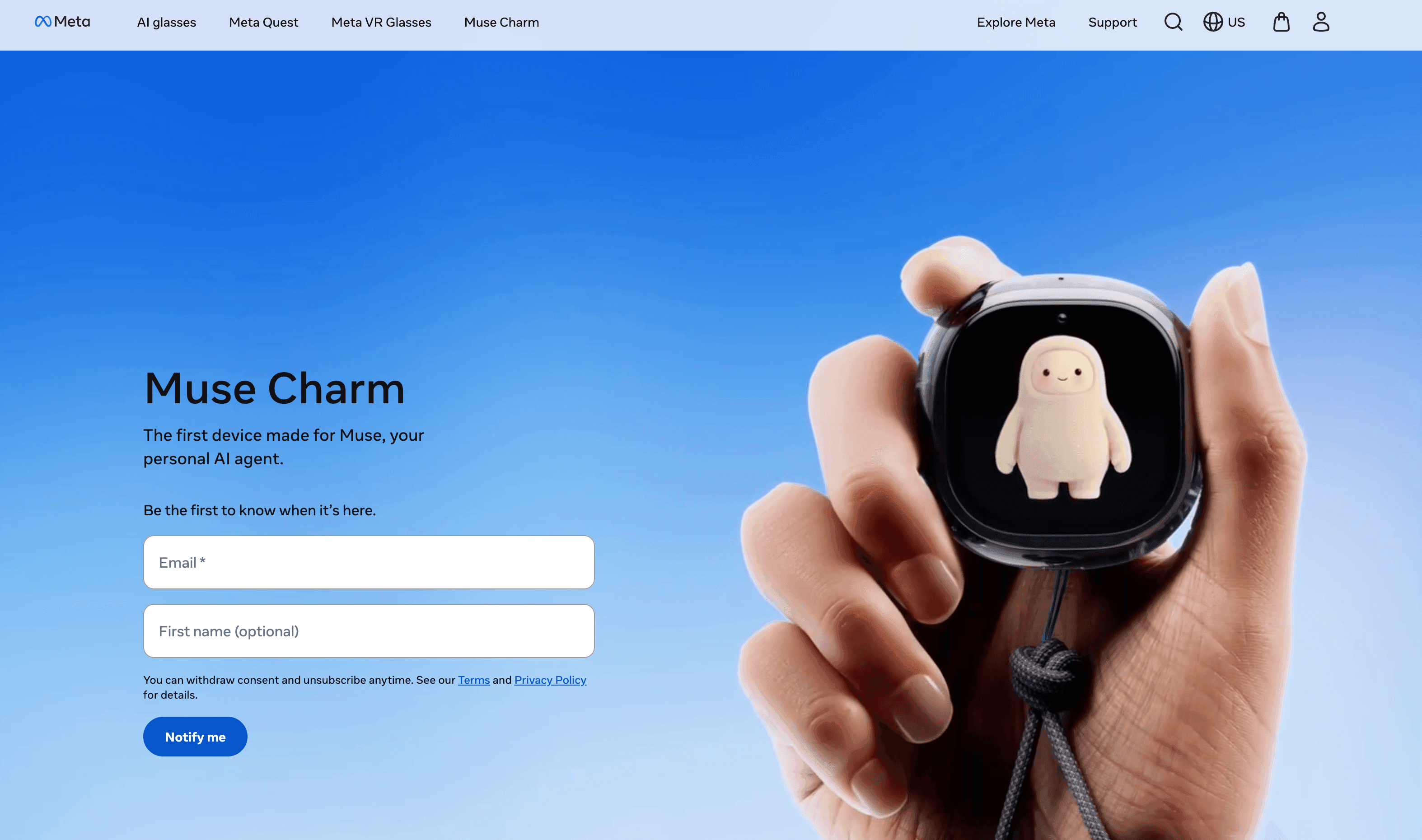 Sign up for updates on meta muse charm, the first pocket-sized hardware device built for your personal AI agent.