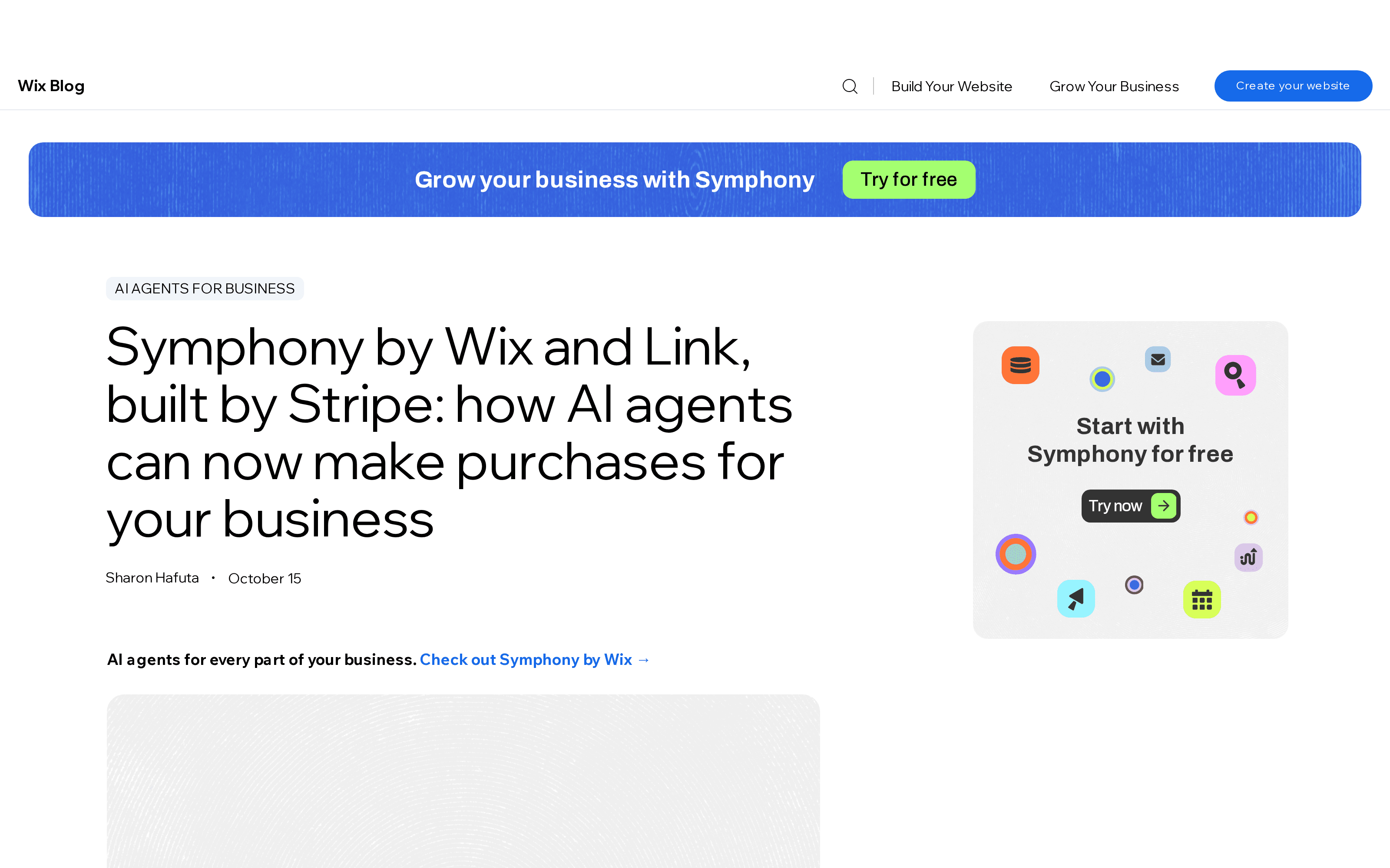 Wix's public article announcing Symphony by Wix and Link, built by Stripe, on October 15.