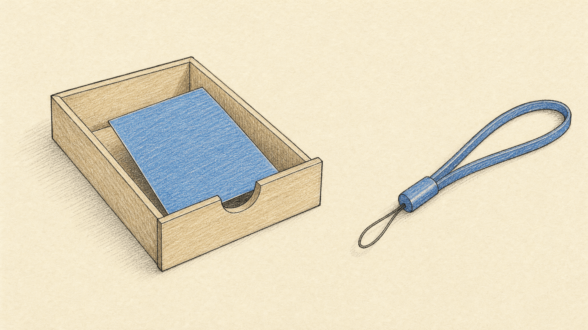Conceptual pencil illustration separates a portable capture device from stored workspace notes; neither is a product screenshot.