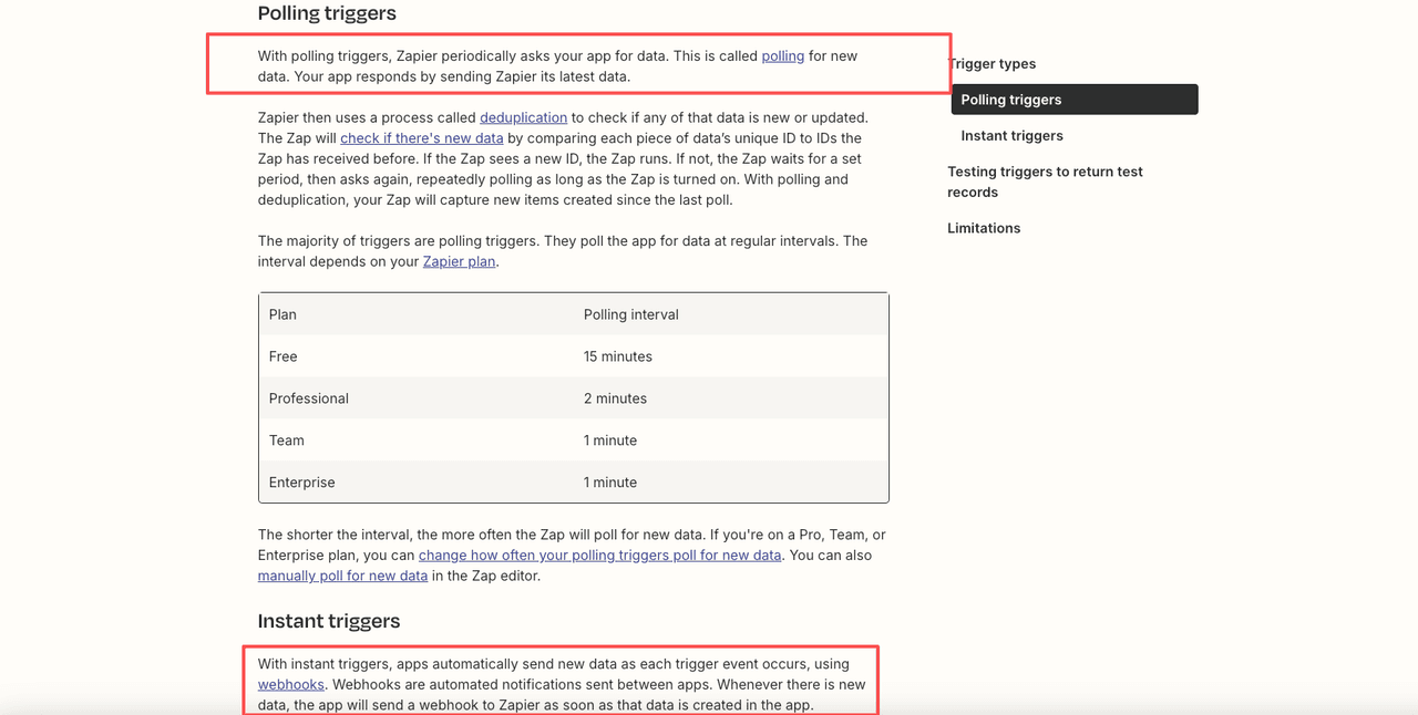 Zapier documentation showing polling triggers and instant webhook triggers with polling intervals by plan