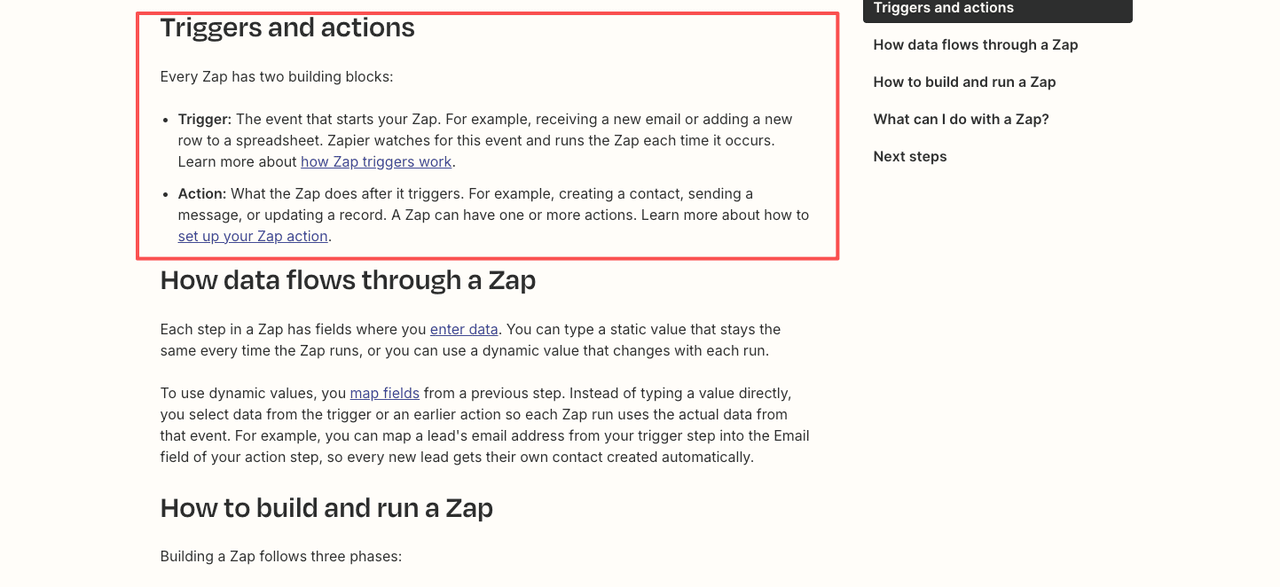 Zapier documentation explaining a Zap as a trigger paired with one or more actions