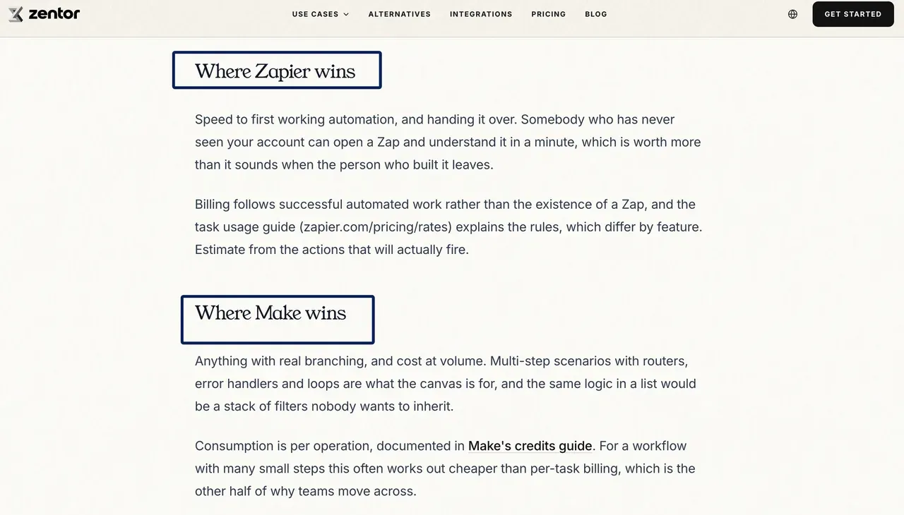 Vendor-supplied capture of Zentor's comparison page: Zapier's step list against Make's branching canvas.