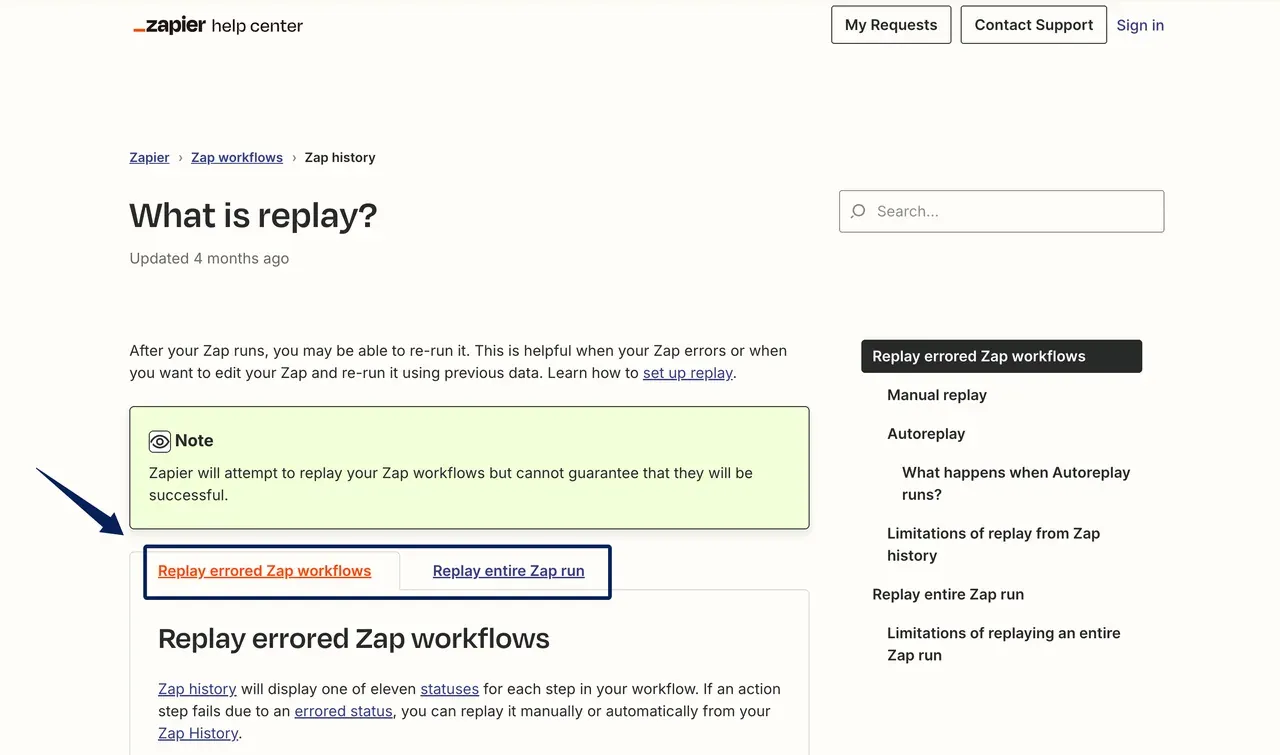 Zapier's replay help page shows failed-step and entire-run replay as separate options.