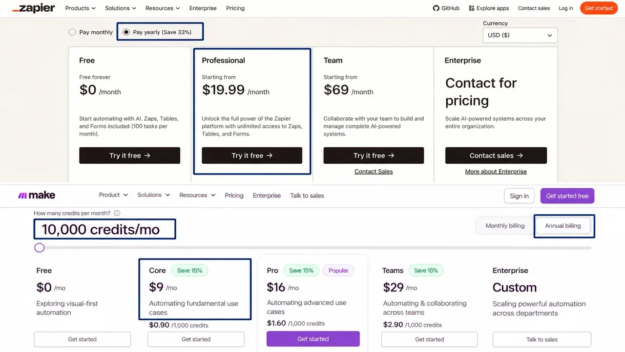 Vendor-supplied pricing captures accompanying its October 15 check: annual-billing selectors for Zapier and Make. The highlighted starting amounts do not certify the current task or credit allowance.