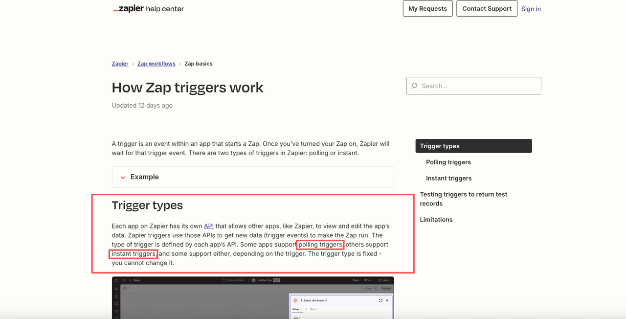Zapier help center documentation on how Zap triggers work, highlighting polling and instant trigger types