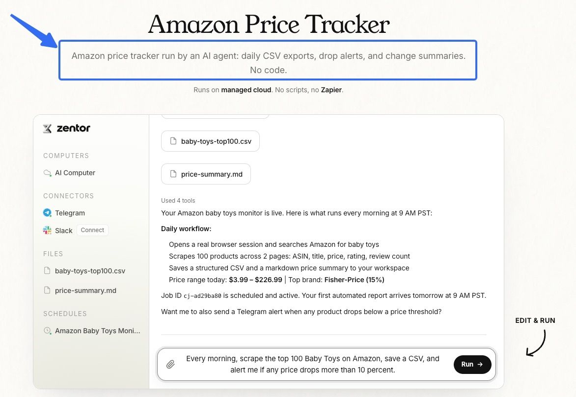 Zentor Amazon price tracker workflow producing a daily CSV export and price summary for review